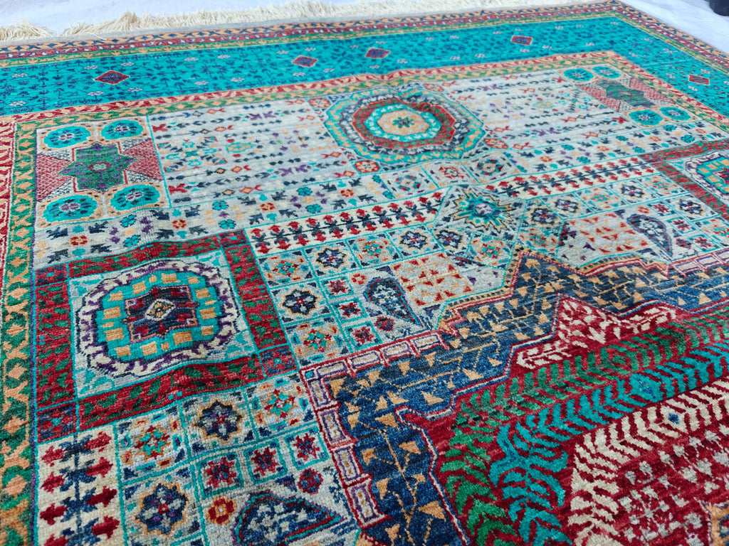 5x8 Turquoise, Grey Rug–Handwoven Antique Carpet with Intricate Patterns, Rug For Living Room, Bedroom Rug, Dining Room Rug, Medium size Rug