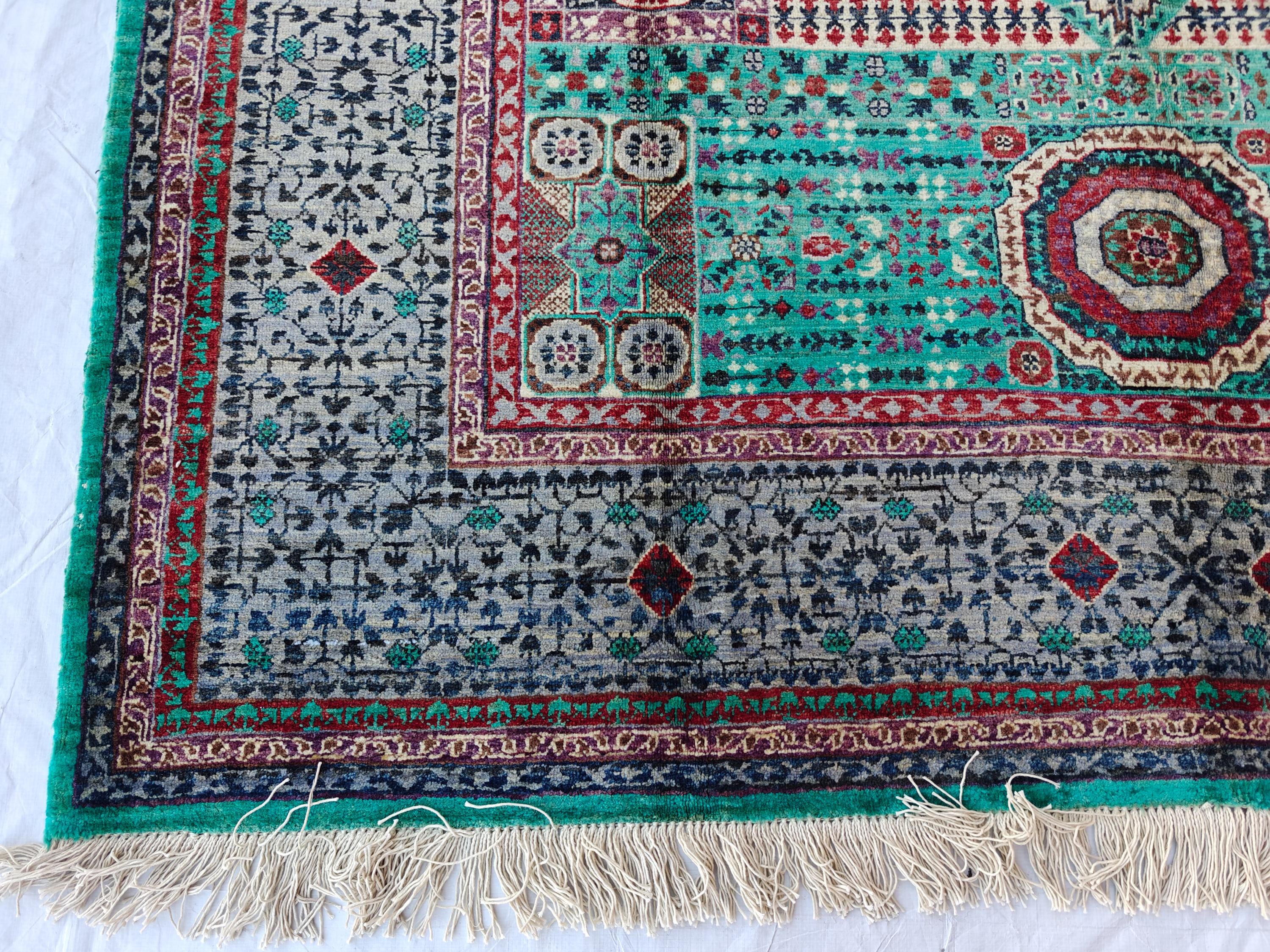 Handcrafted Wool Mamluk Rug: 8.1 x 5.7 ft, Turquoise Persian Design