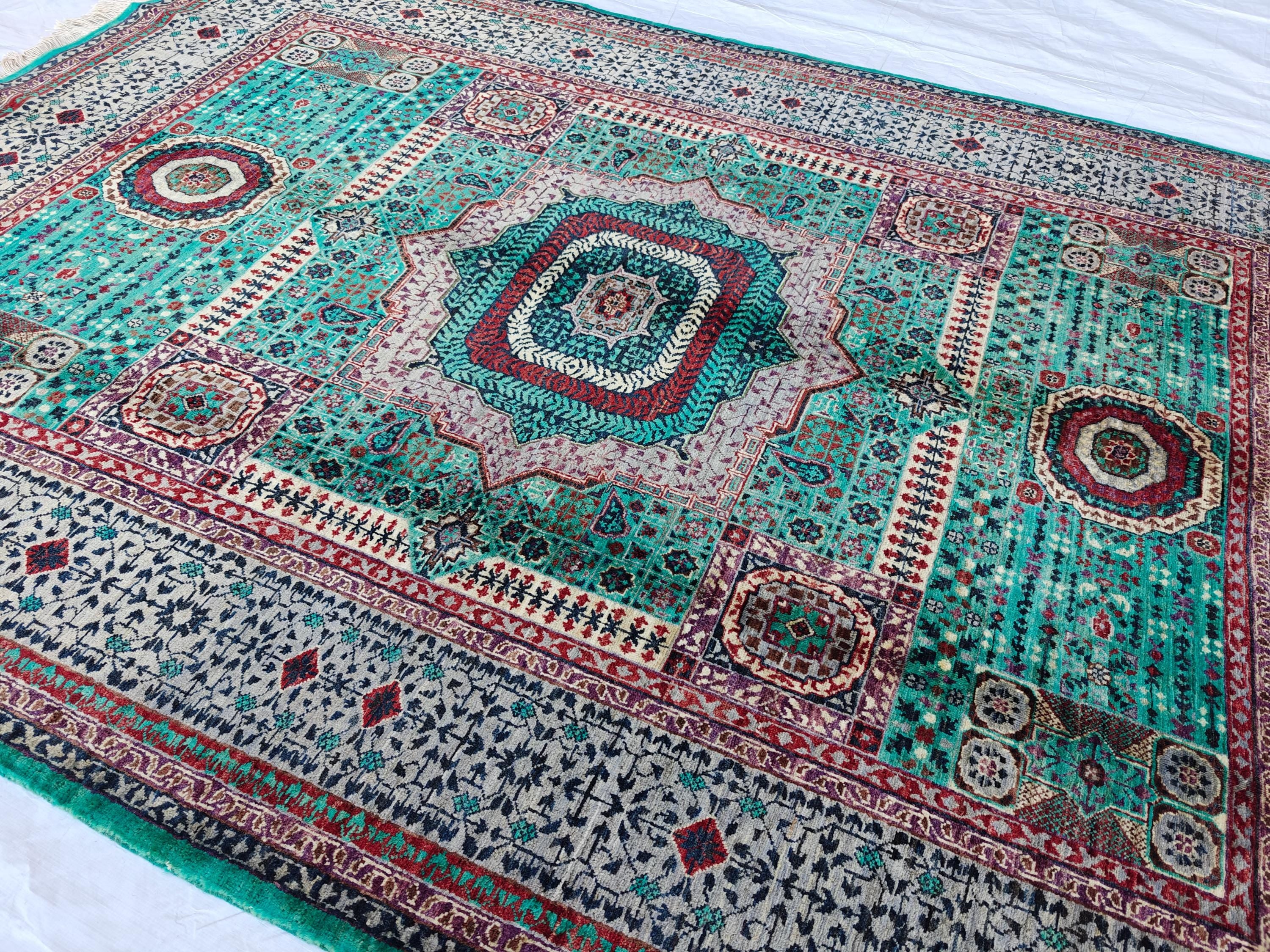 Handcrafted Wool Mamluk Rug: 8.1 x 5.7 ft, Turquoise Persian Design