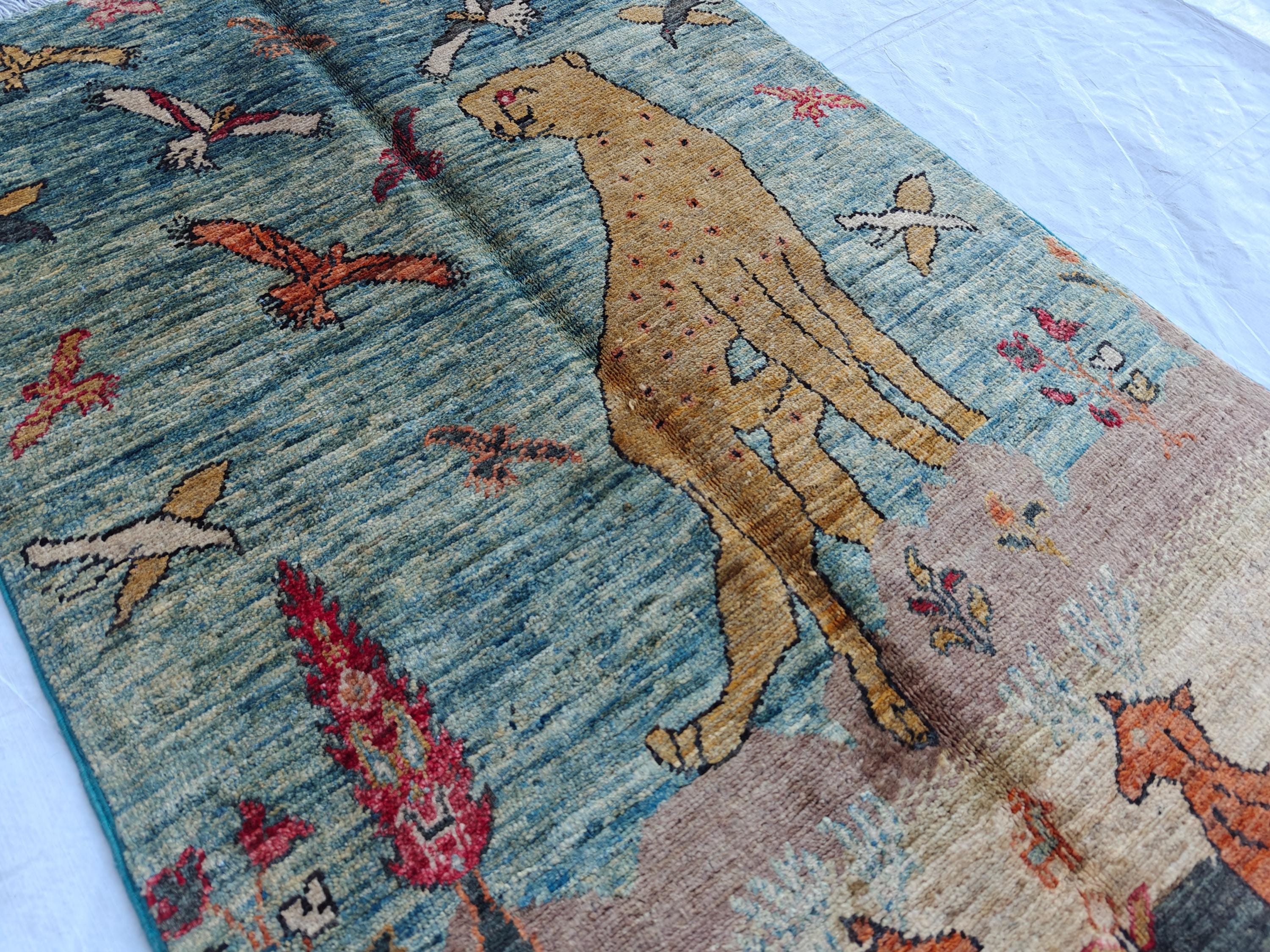 Pictorial Cheetah and Deer Pattern Handmade Rug 3.9 x 2.4 ft – Unique Animal Design Area Rug for Home Décor, Wall Hanging Rug, Office Decor