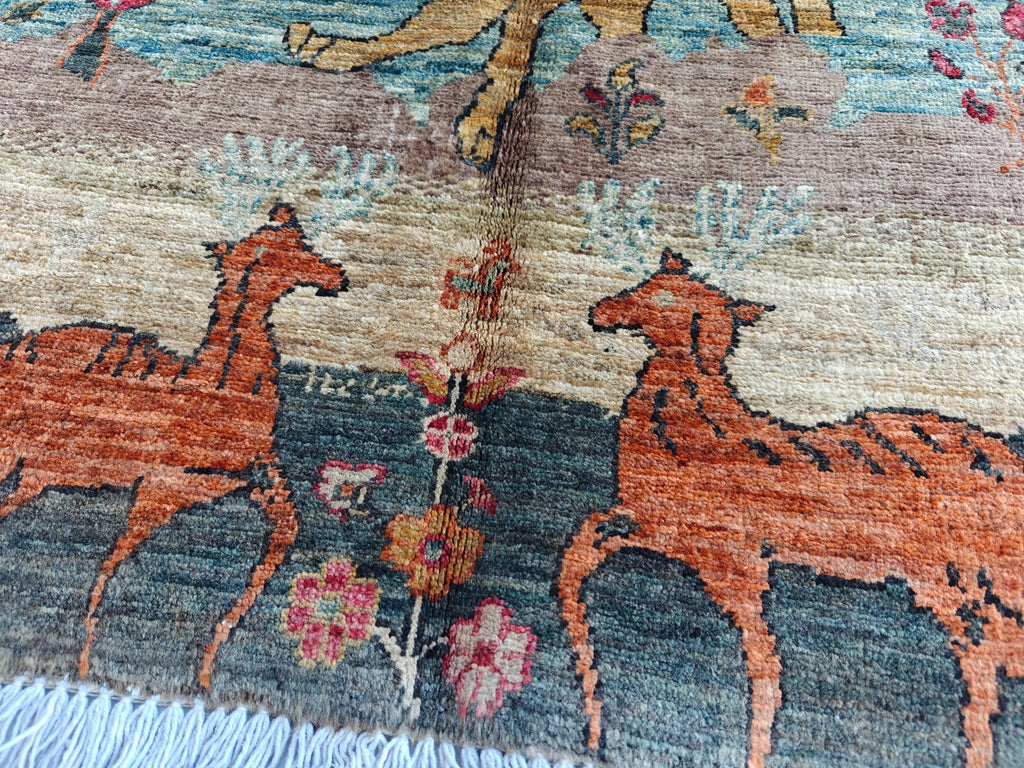 Pictorial Cheetah and Deer Pattern Handmade Rug 3.9 x 2.4 ft – Unique Animal Design Area Rug for Home Décor, Wall Hanging Rug, Office Decor