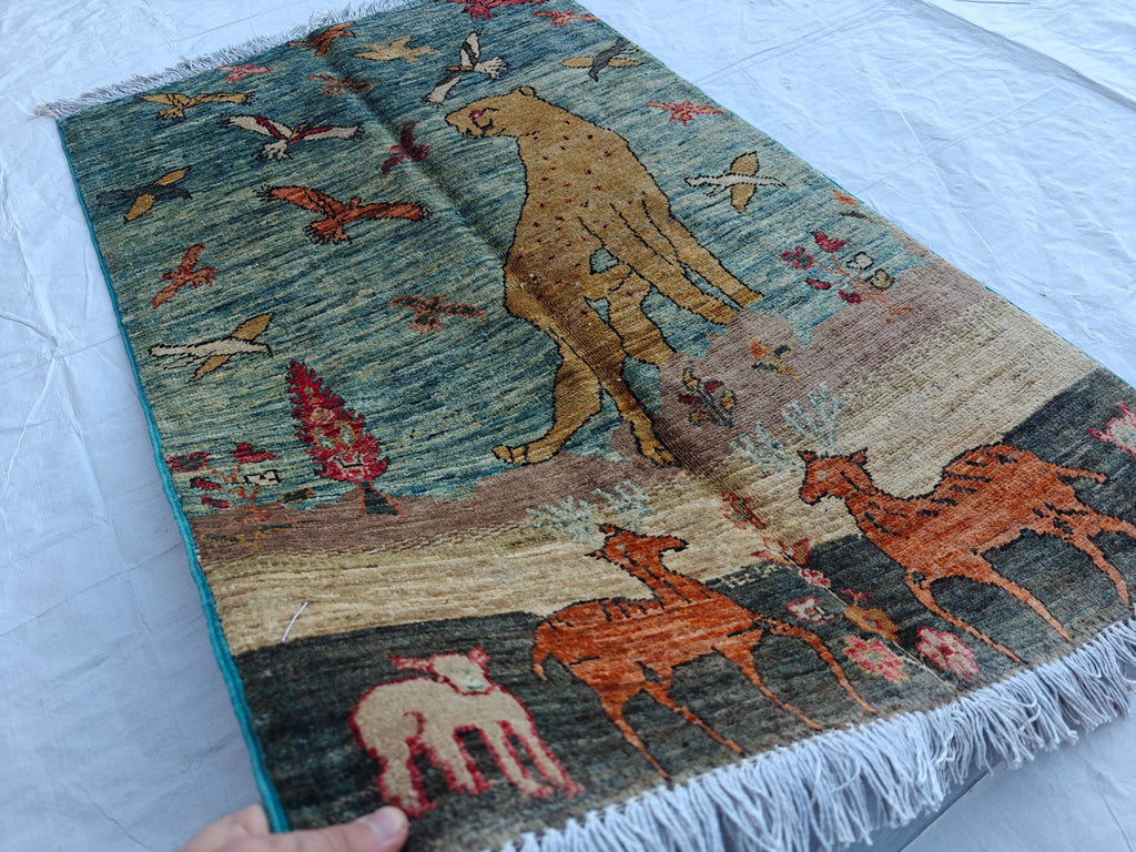 Pictorial Cheetah and Deer Pattern Handmade Rug 3.9 x 2.4 ft – Unique Animal Design Area Rug for Home Décor, Wall Hanging Rug, Office Decor