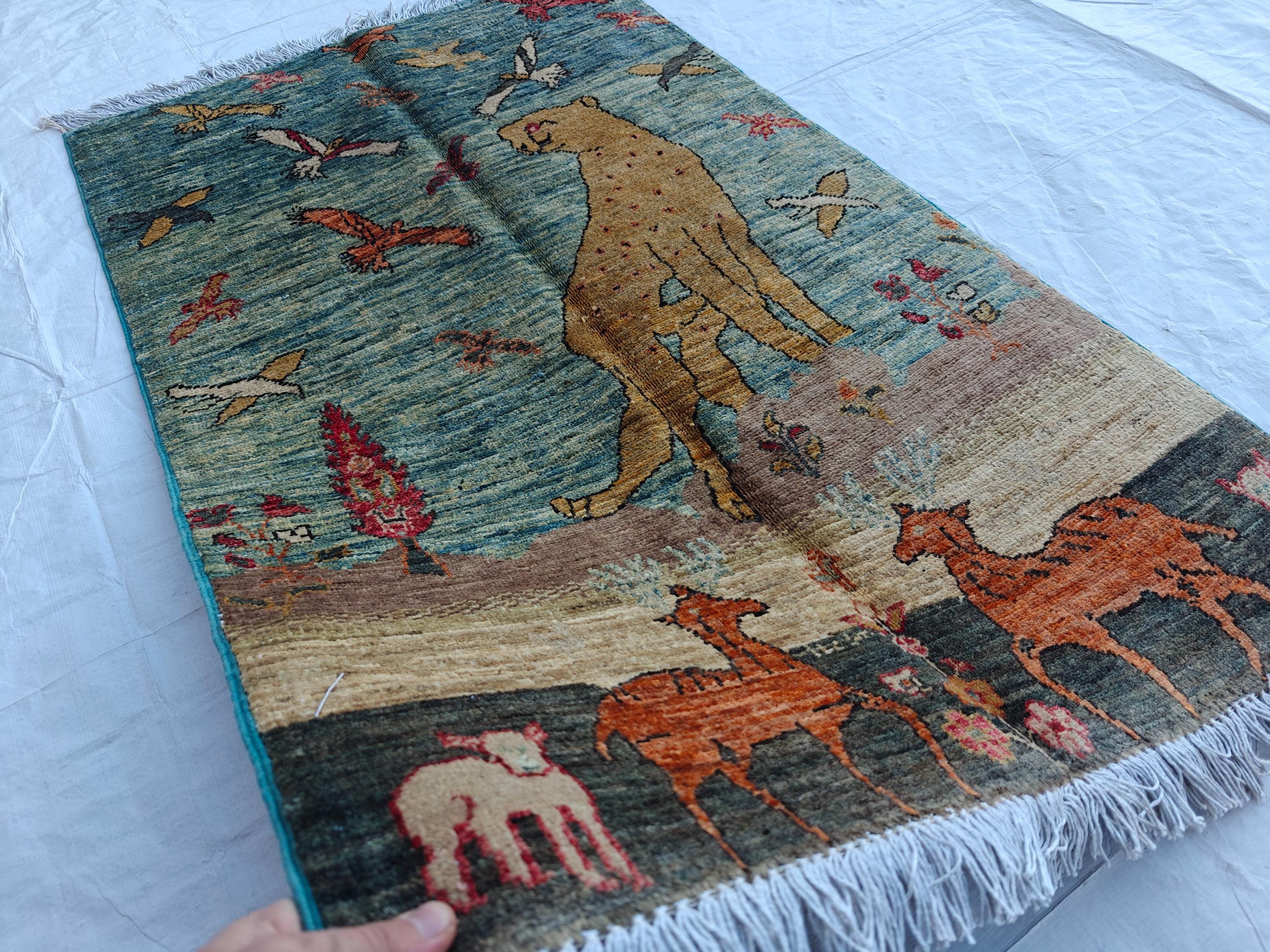 Pictorial Cheetah and Deer Pattern Handmade Rug 3.9 x 2.4 ft – Unique Animal Design Area Rug for Home Décor, Wall Hanging Rug, Office Decor