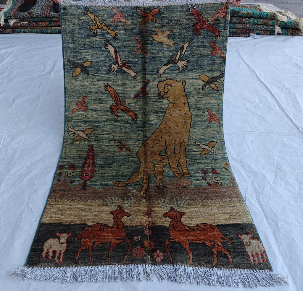 Pictorial Cheetah and Deer Pattern Handmade Rug 3.9 x 2.4 ft – Unique Animal Design Area Rug for Home Décor, Wall Hanging Rug, Office Decor