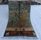 Pictorial Cheetah and Deer Pattern Handmade Rug 3.9 x 2.4 ft – Unique Animal Design Area Rug for Home Décor, Wall Hanging Rug, Office Decor