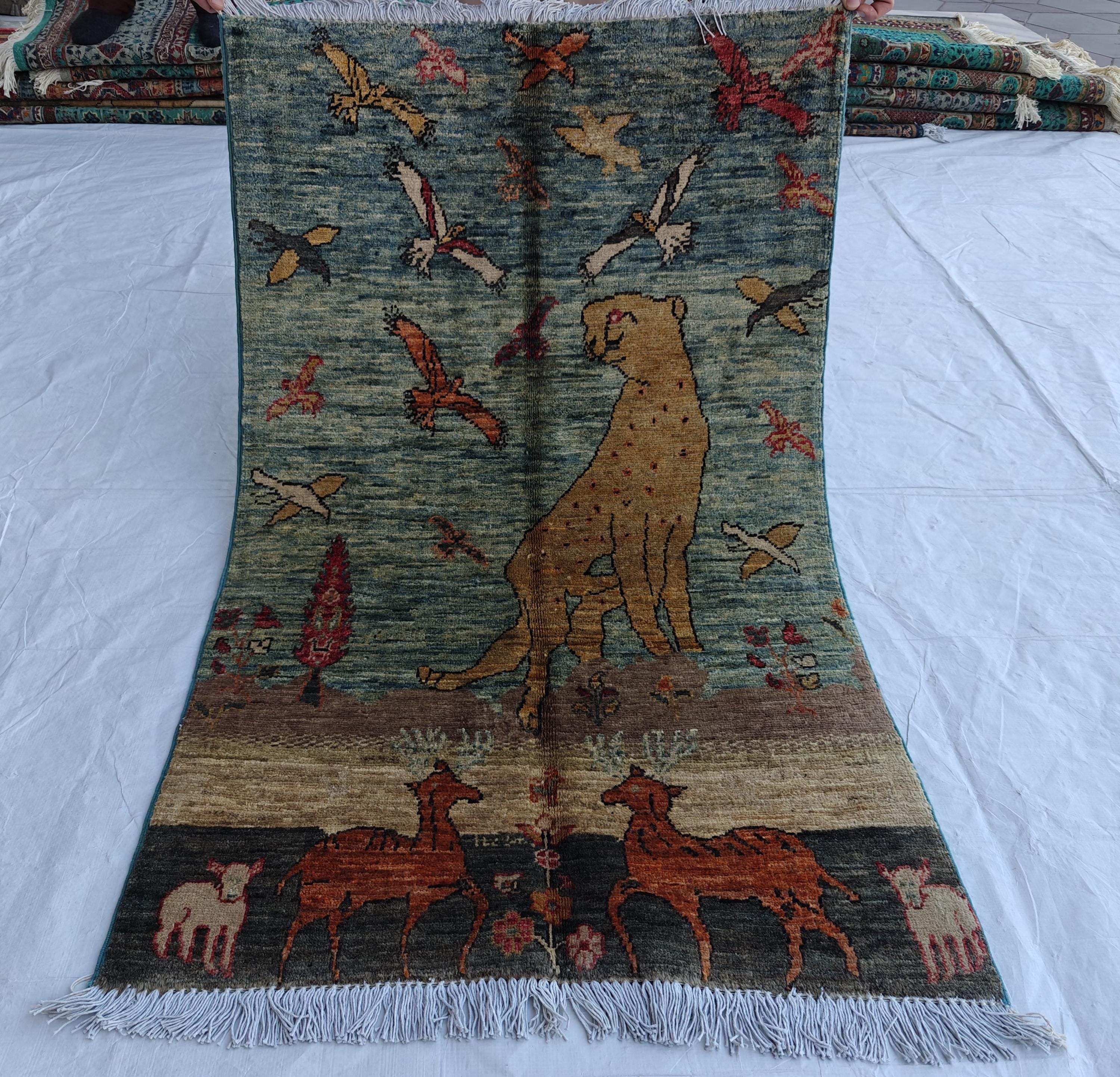 Pictorial Cheetah and Deer Pattern Handmade Rug 3.9 x 2.4 ft – Unique Animal Design Area Rug for Home Décor, Wall Hanging Rug, Office Decor