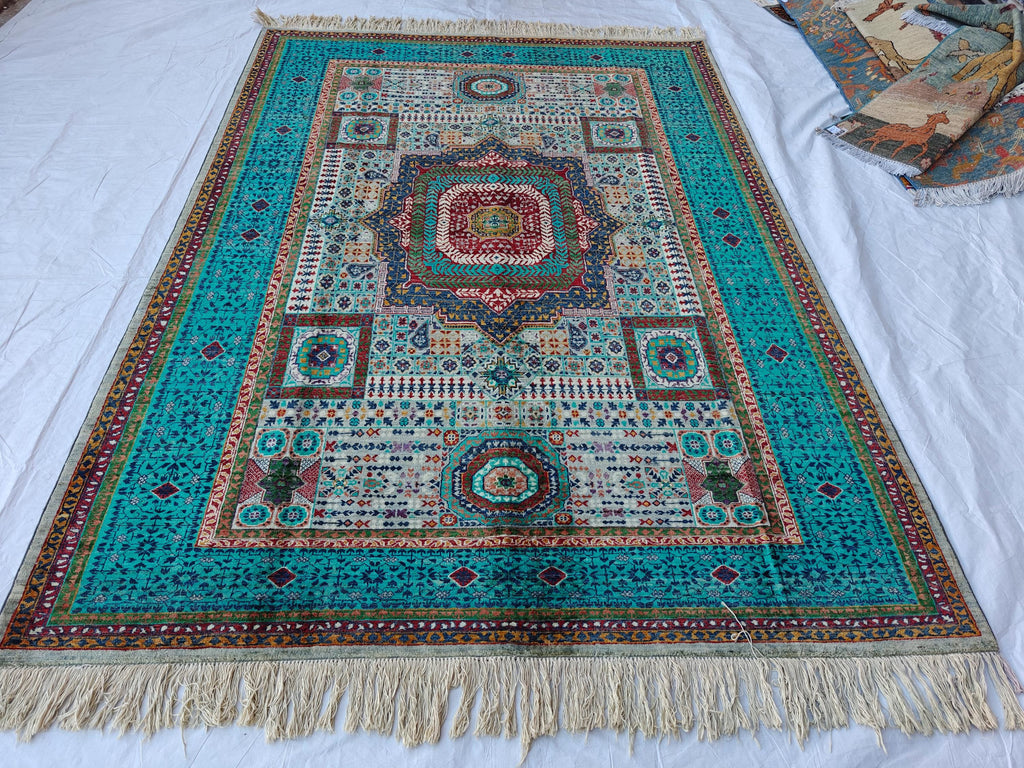 6x8 Grey and Turquoise Authentic Mamluk Rug Handwoven Egyptian Oriental Carpet with Traditional Patterns, Rugs For Living Room, Bedroom Rug
