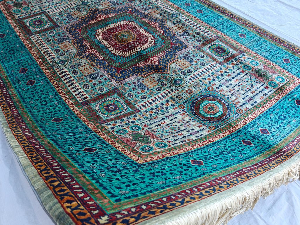 6x8 Grey and Turquoise Authentic Mamluk Rug Handwoven Egyptian Oriental Carpet with Traditional Patterns, Rugs For Living Room, Bedroom Rug