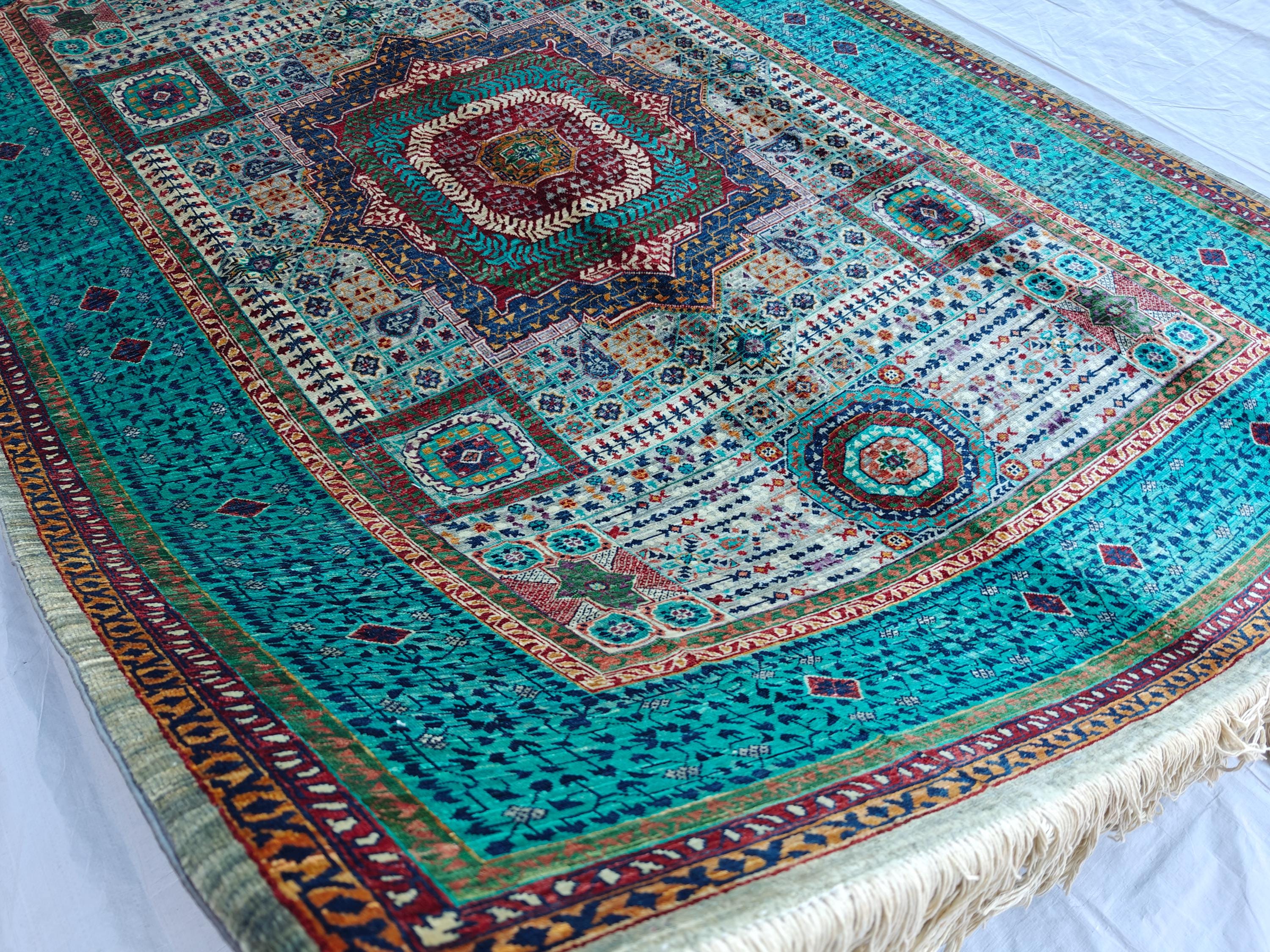 6x8 Grey and Turquoise Authentic Mamluk Rug Handwoven Egyptian Oriental Carpet with Traditional Patterns, Rugs For Living Room, Bedroom Rug