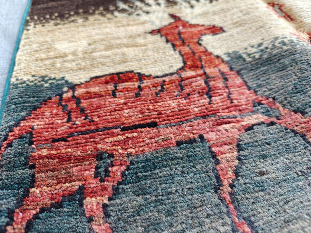 3x2 Pictorial Cheetah and Dears, Handmade Afghan Rug, Wall Hanging Rug, Entryway Rug, Decorative Small Accent Rug 3x1.9 Ft, Small Rug