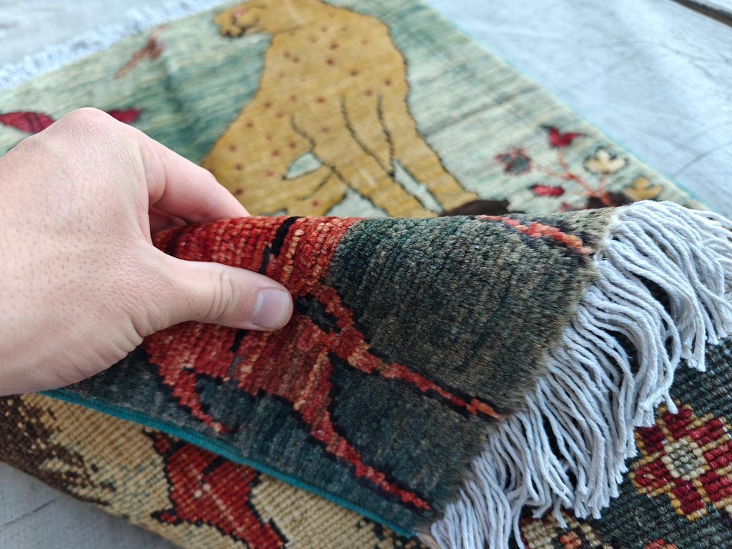 3x2 Pictorial Cheetah and Dears, Handmade Afghan Rug, Wall Hanging Rug, Entryway Rug, Decorative Small Accent Rug 3x1.9 Ft, Small Rug