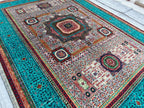 7x10 Grey Turquoise Rug Authentic Afghan Wool Carpet, Unique Geometric Design, Traditional Area Rug, Rug For Living Room 9.7x6.8, Medium Rug