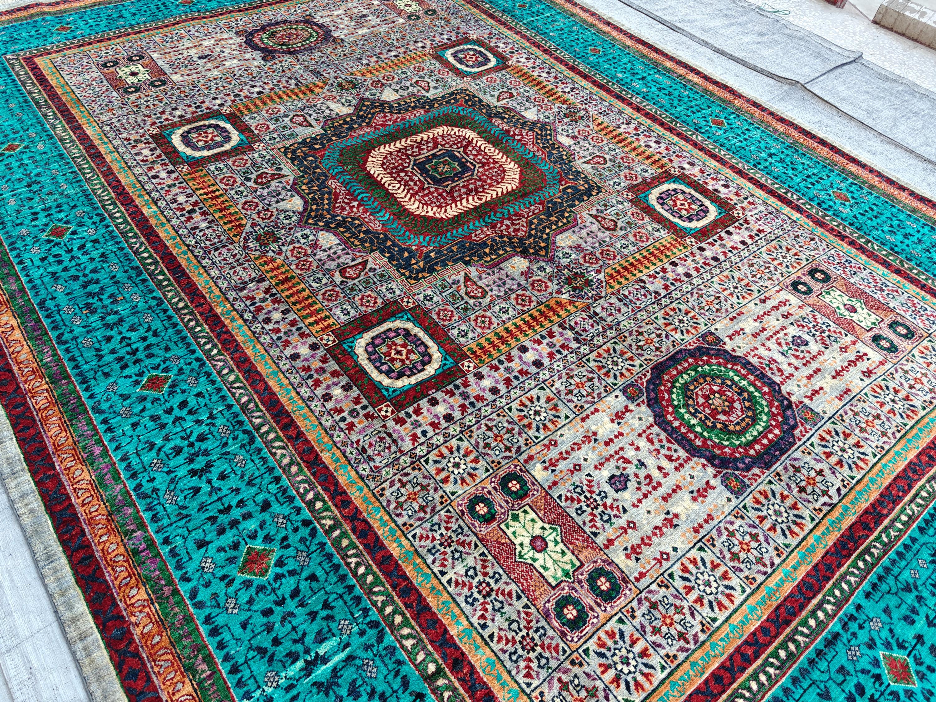 7x10 Grey Turquoise Rug Authentic Afghan Wool Carpet, Unique Geometric Design, Traditional Area Rug, Rug For Living Room 9.7x6.8, Medium Rug