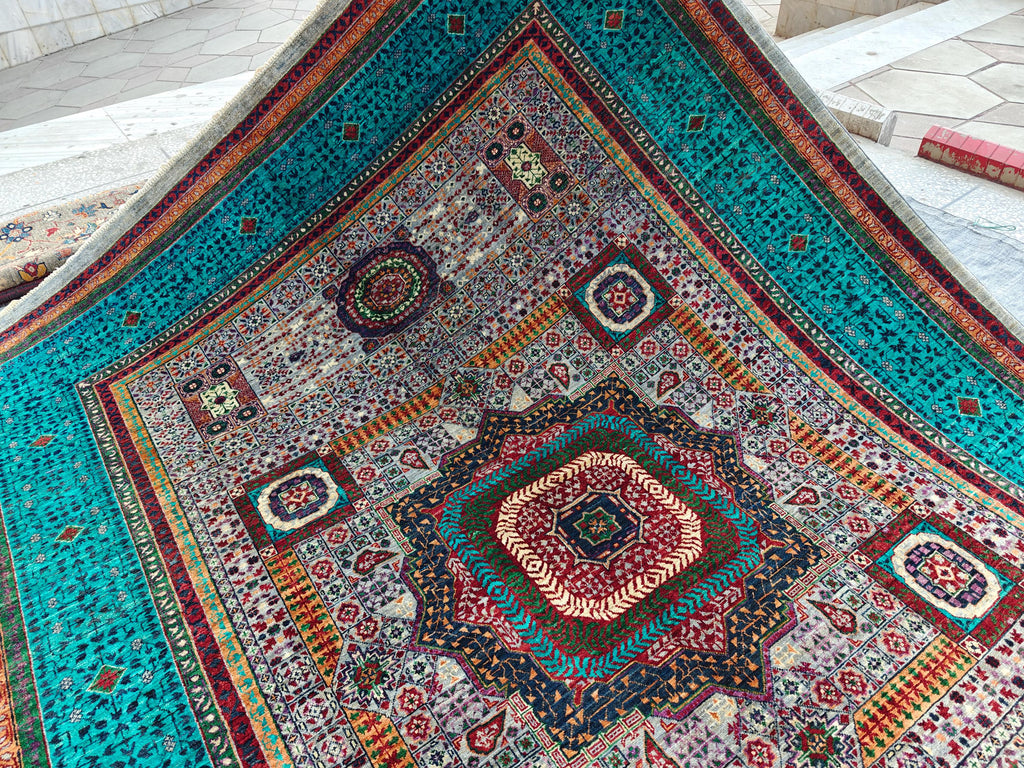 7x10 Grey Turquoise Rug Authentic Afghan Wool Carpet, Unique Geometric Design, Traditional Area Rug, Rug For Living Room 9.7x6.8, Medium Rug