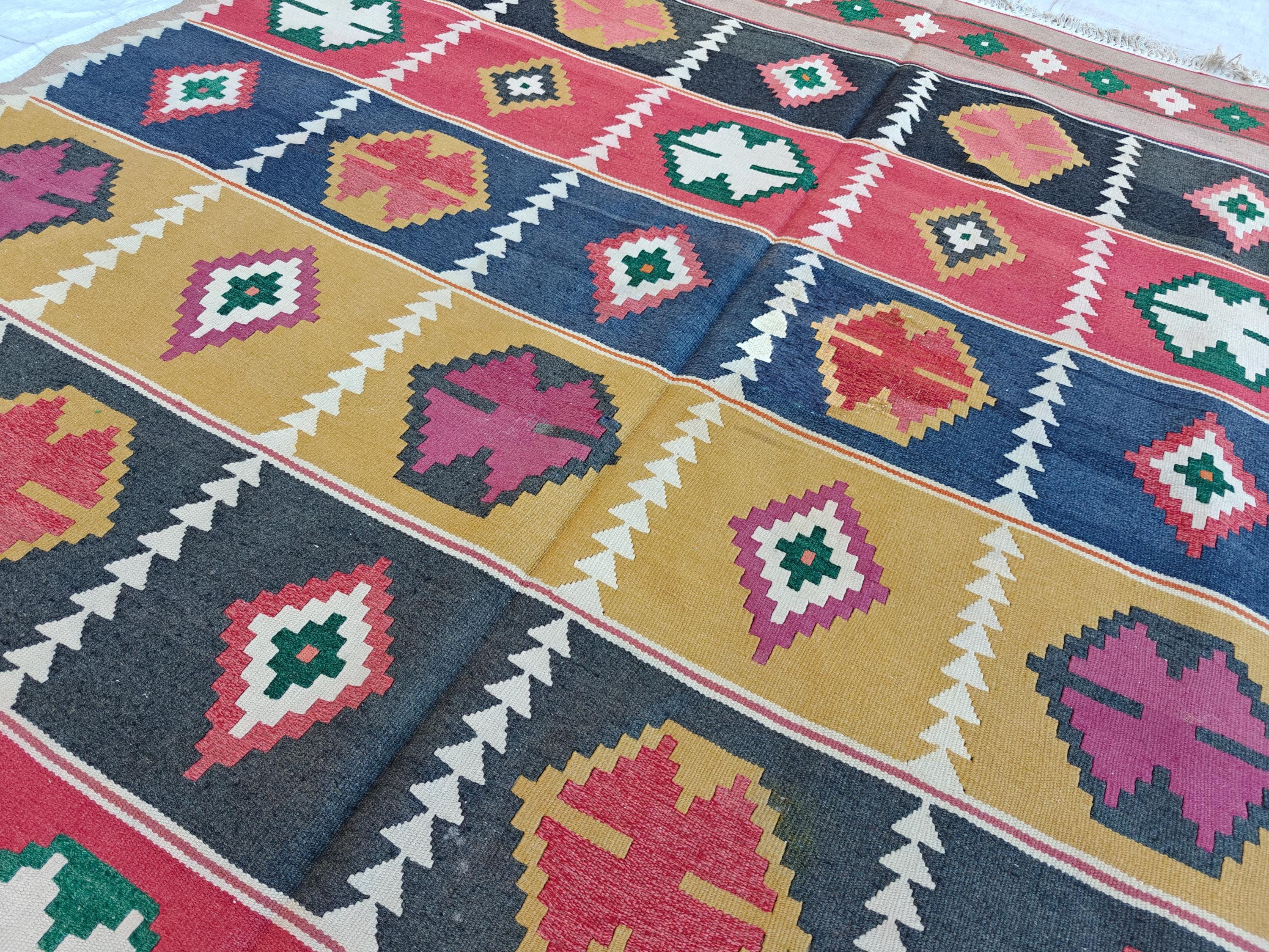 Vintage Kilim Rug 13.3x8 ft - Handmade Afghan Wool Flatweave, Boho Area Rug, Large Tribal Carpet, Rustic Home Decor, Unique Floor Covering