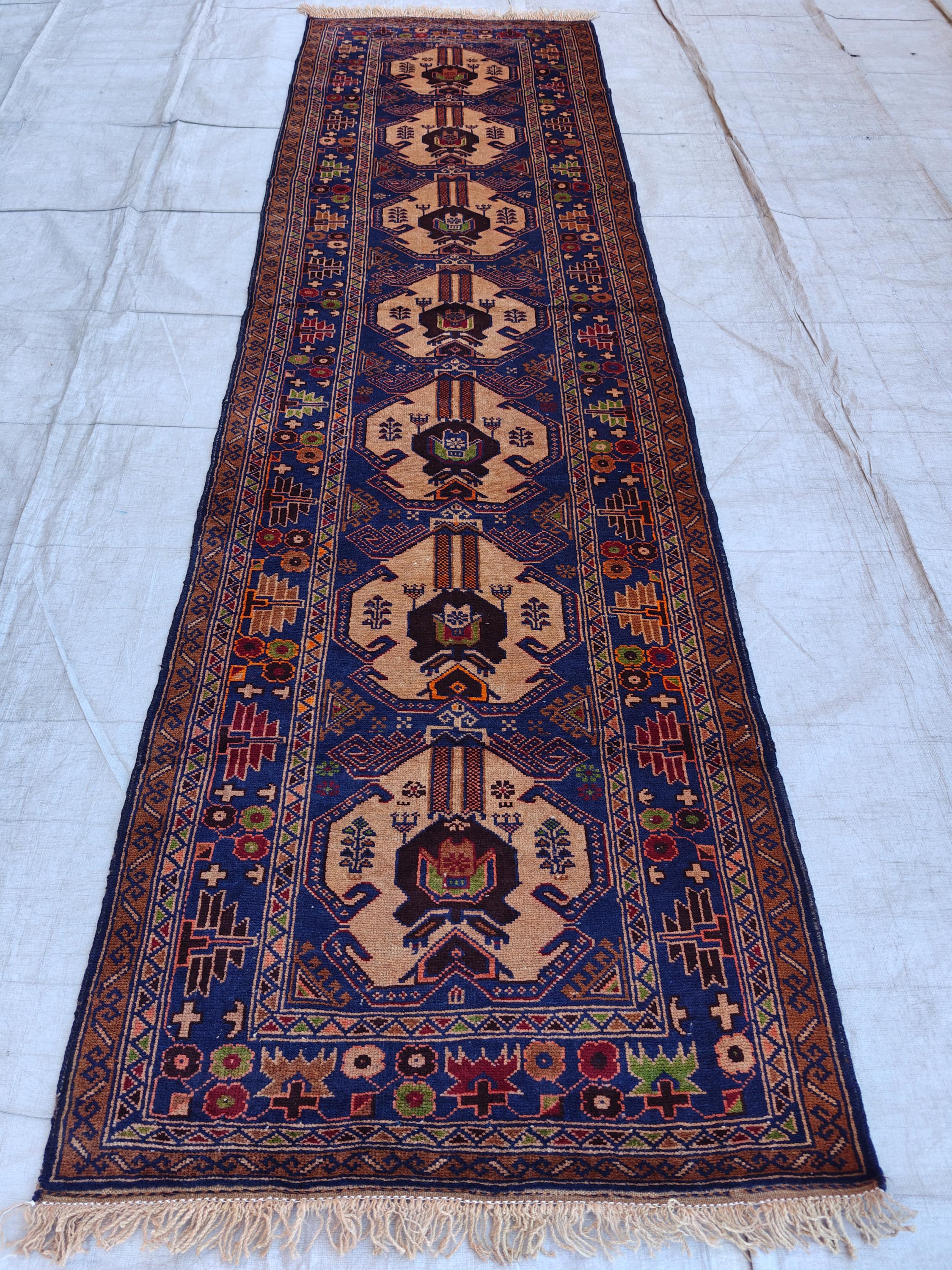 Vintage Baluchi Runner Rug 10.4x2.4 ft - Handwoven Afghan Wool Carpet - Tribal Narrow Hallway Rug - Bohemian Home Decor, Farm House Rug