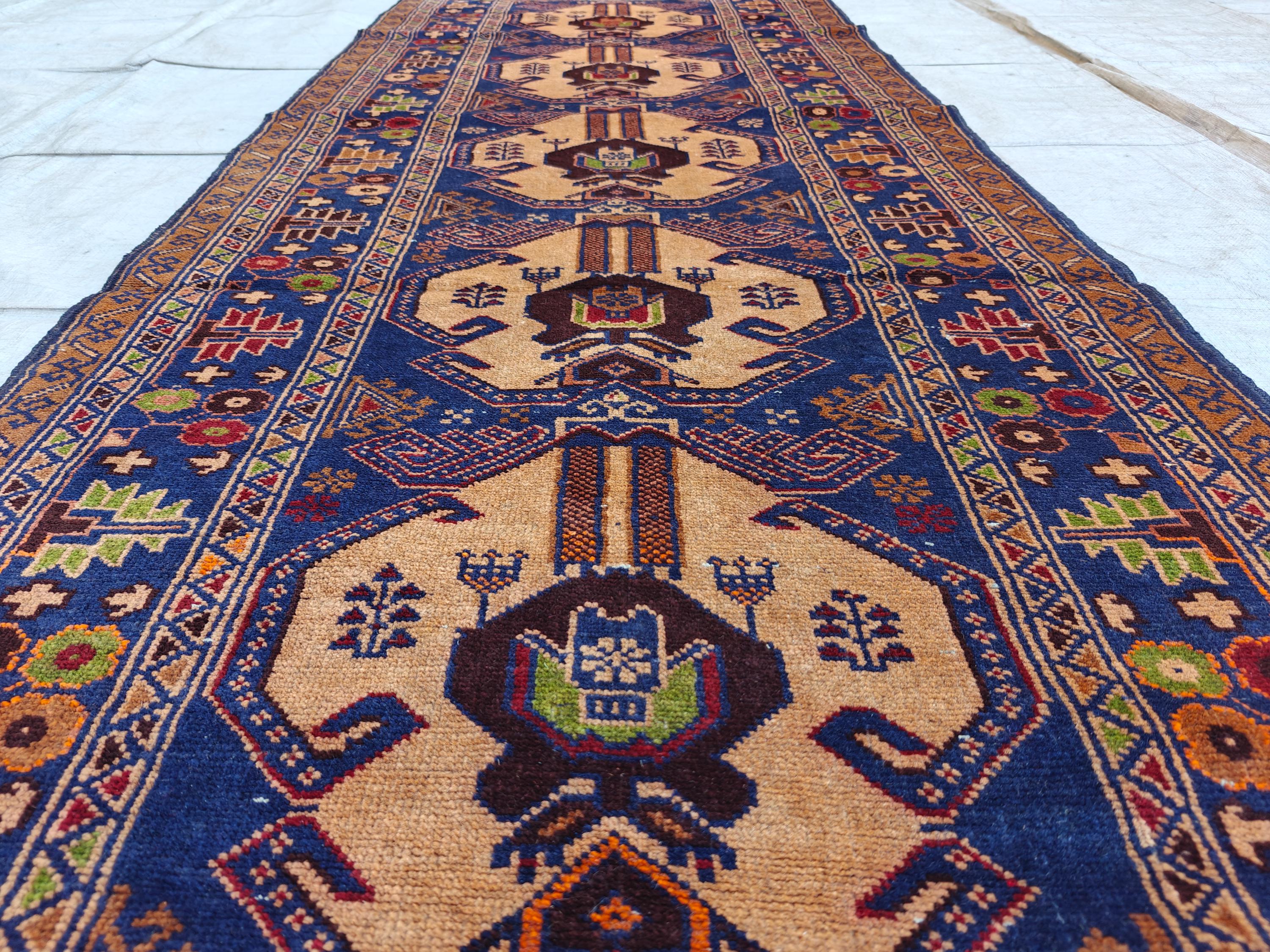 Vintage Baluchi Runner Rug 10.4x2.4 ft - Handwoven Afghan Wool Carpet - Tribal Narrow Hallway Rug - Bohemian Home Decor, Farm House Rug