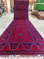 2x10 Red and Navy Blue Bukhara Afghan Handwoven Runner Rug, Hallway Runner, Vintage Style Home Decor, Entryway Runner, Stairs Rug 9.8x2.6ft