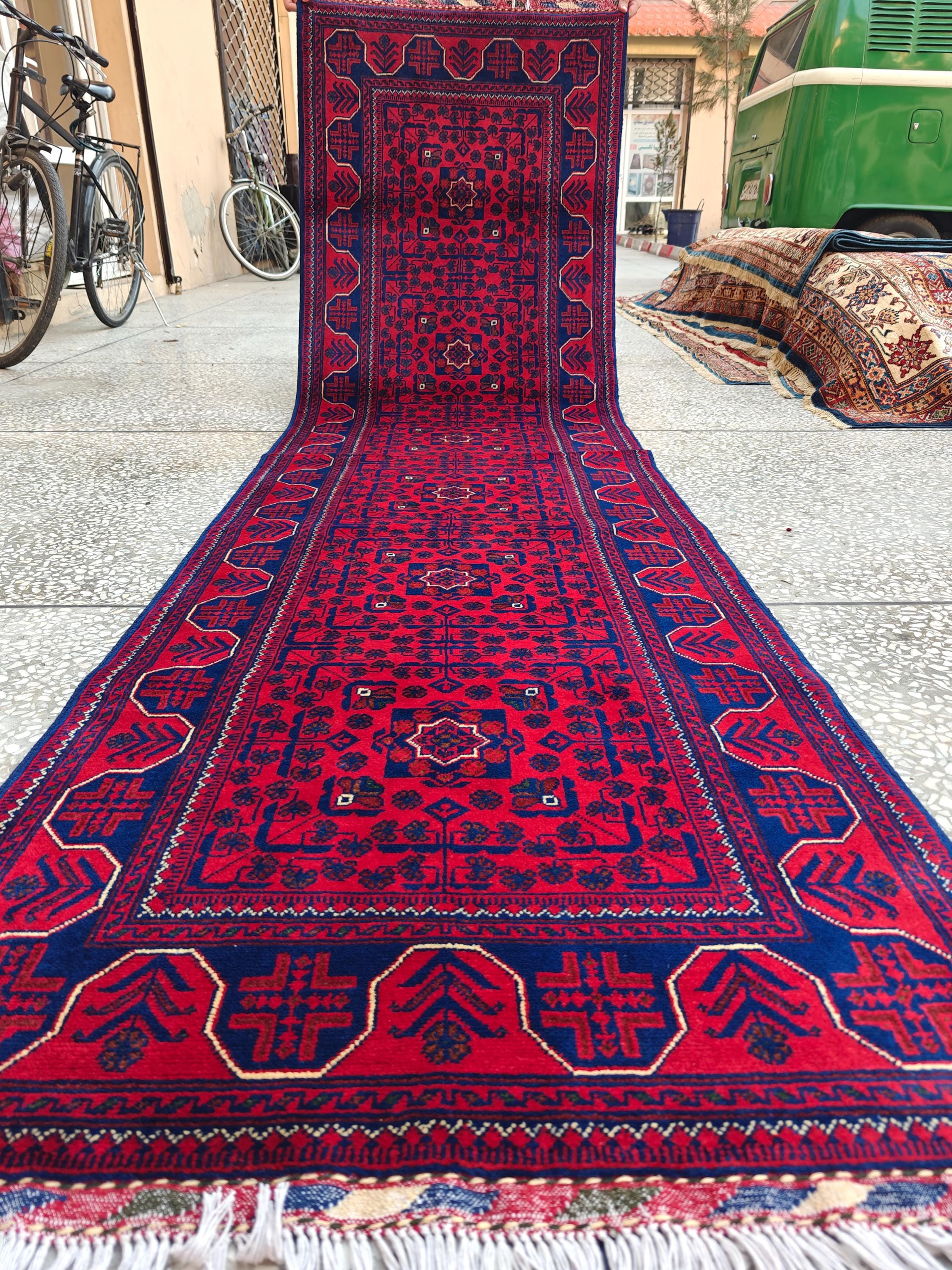 2x10 Red and Navy Blue Bukhara Afghan Handwoven Runner Rug, Hallway Runner, Vintage Style Home Decor, Entryway Runner, Stairs Rug 9.8x2.6ft