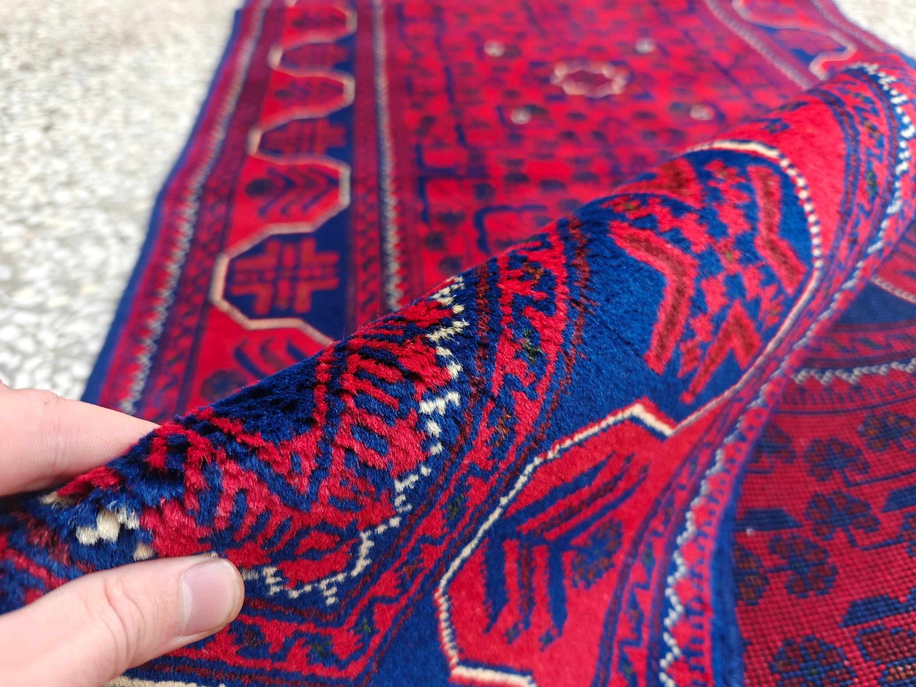2x10 Red and Navy Blue Bukhara Afghan Handwoven Runner Rug, Hallway Runner, Vintage Style Home Decor, Entryway Runner, Stairs Rug 9.8x2.6ft