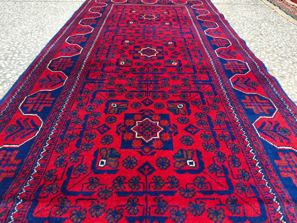 2x10 Red and Navy Blue Bukhara Afghan Handwoven Runner Rug, Hallway Runner, Vintage Style Home Decor, Entryway Runner, Stairs Rug 9.8x2.6ft