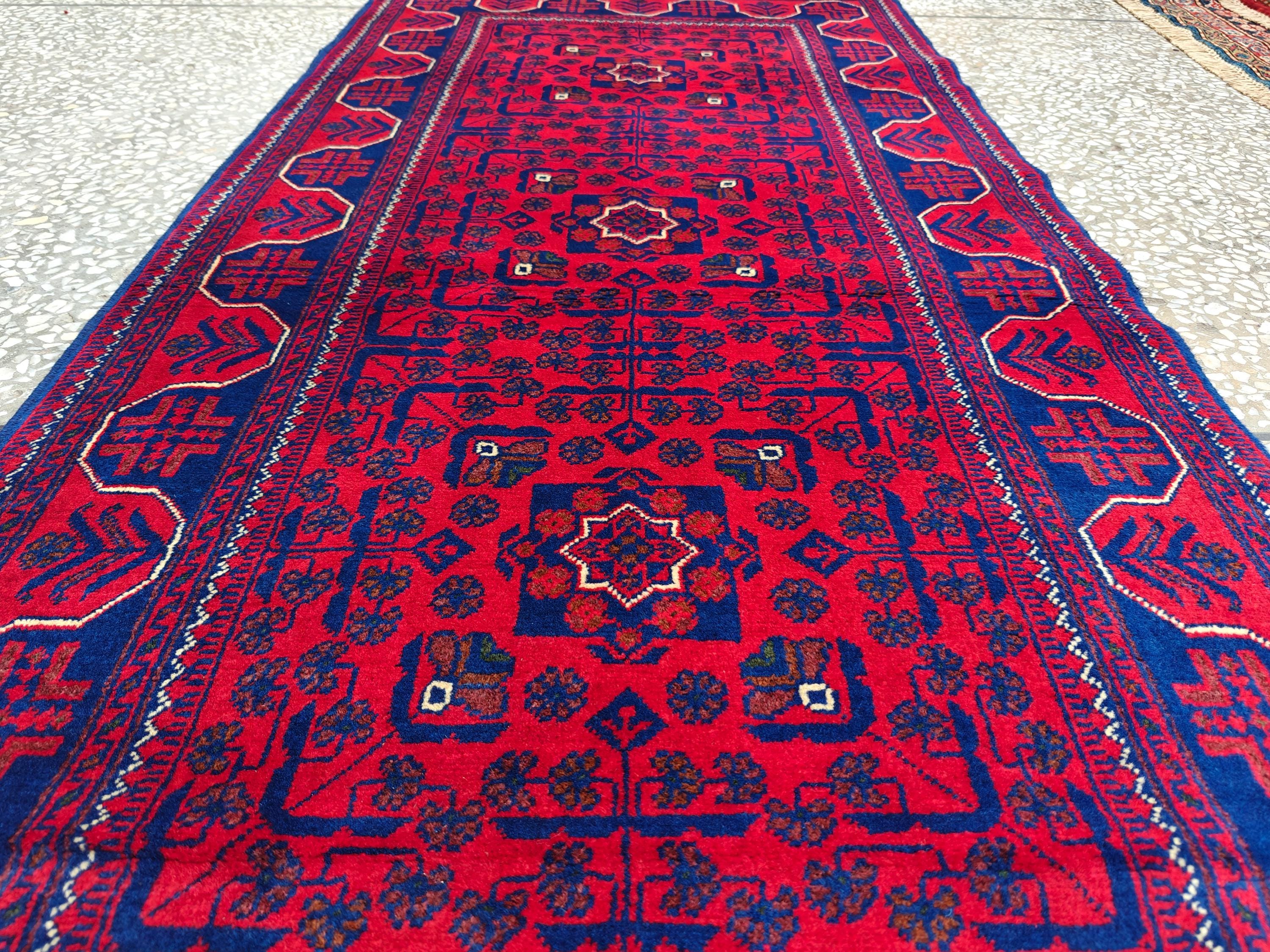 2x10 Red and Navy Blue Bukhara Afghan Handwoven Runner Rug, Hallway Runner, Vintage Style Home Decor, Entryway Runner, Stairs Rug 9.8x2.6ft