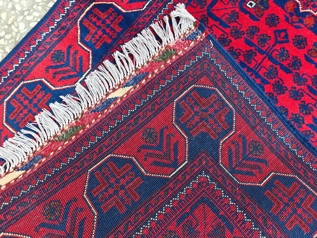 2x10 Red and Navy Blue Bukhara Afghan Handwoven Runner Rug, Hallway Runner, Vintage Style Home Decor, Entryway Runner, Stairs Rug 9.8x2.6ft