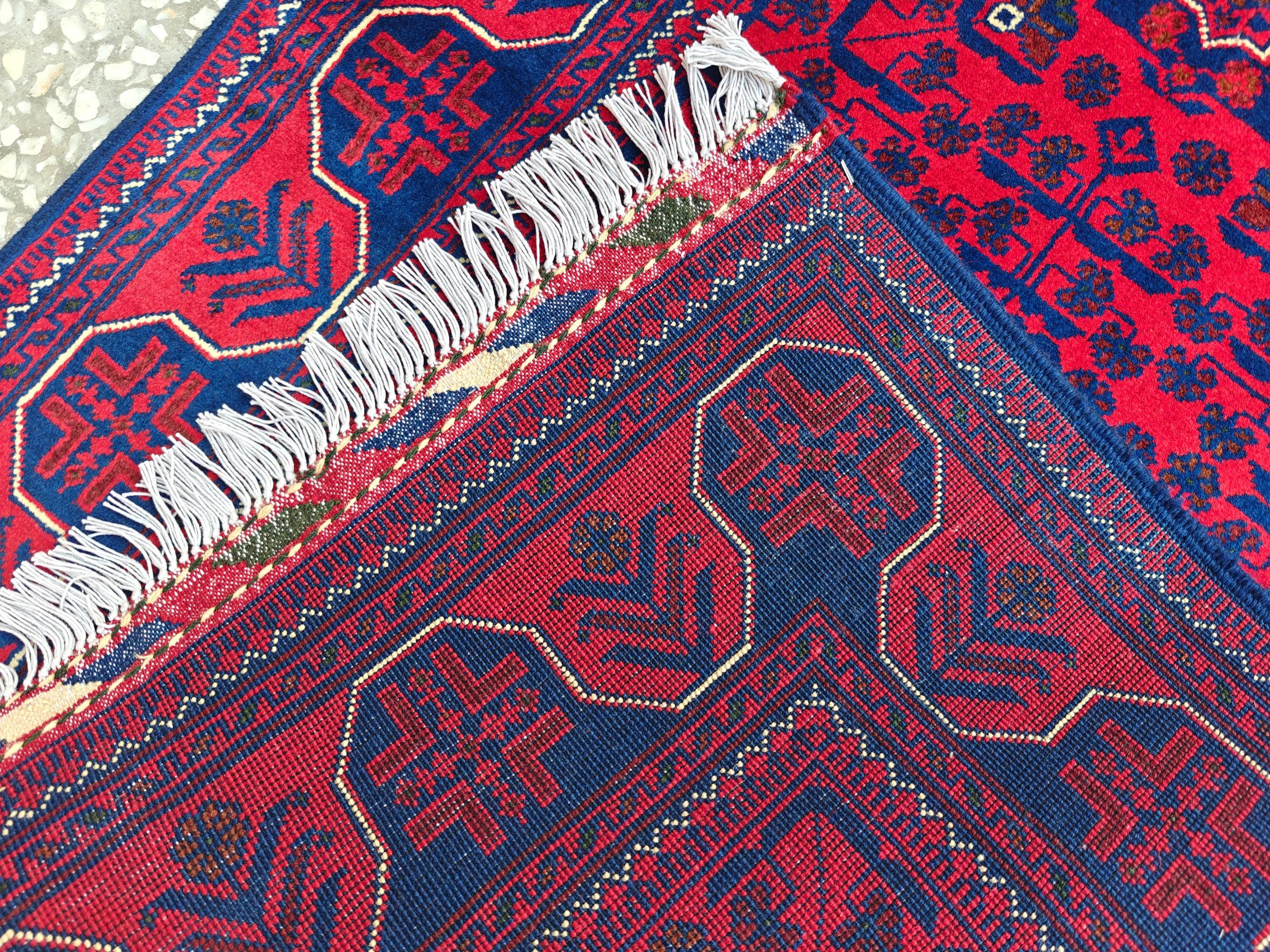 2x10 Red and Navy Blue Bukhara Afghan Handwoven Runner Rug, Hallway Runner, Vintage Style Home Decor, Entryway Runner, Stairs Rug 9.8x2.6ft