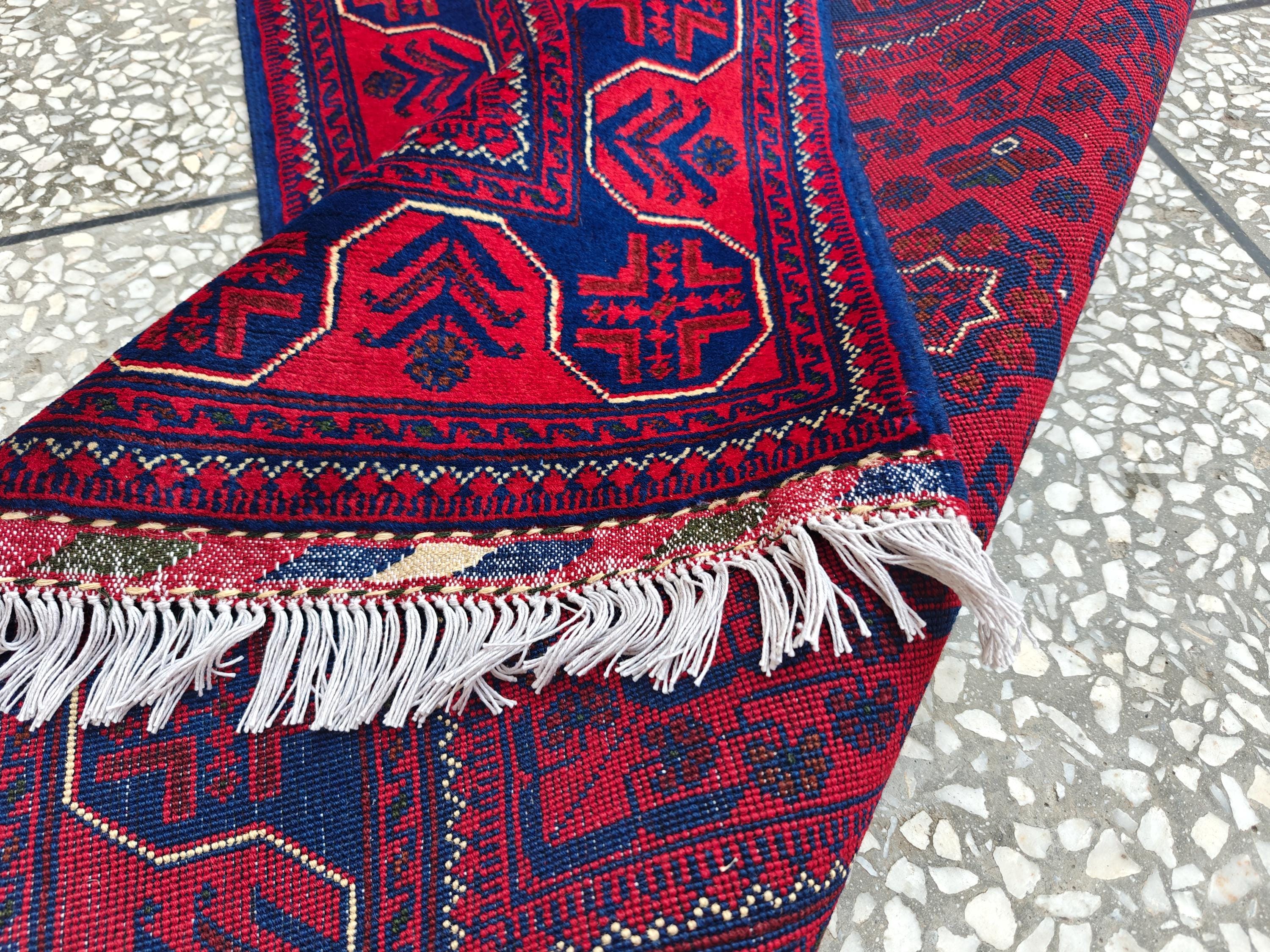 2x10 Red and Navy Blue Bukhara Afghan Handwoven Runner Rug, Hallway Runner, Vintage Style Home Decor, Entryway Runner, Stairs Rug 9.8x2.6ft