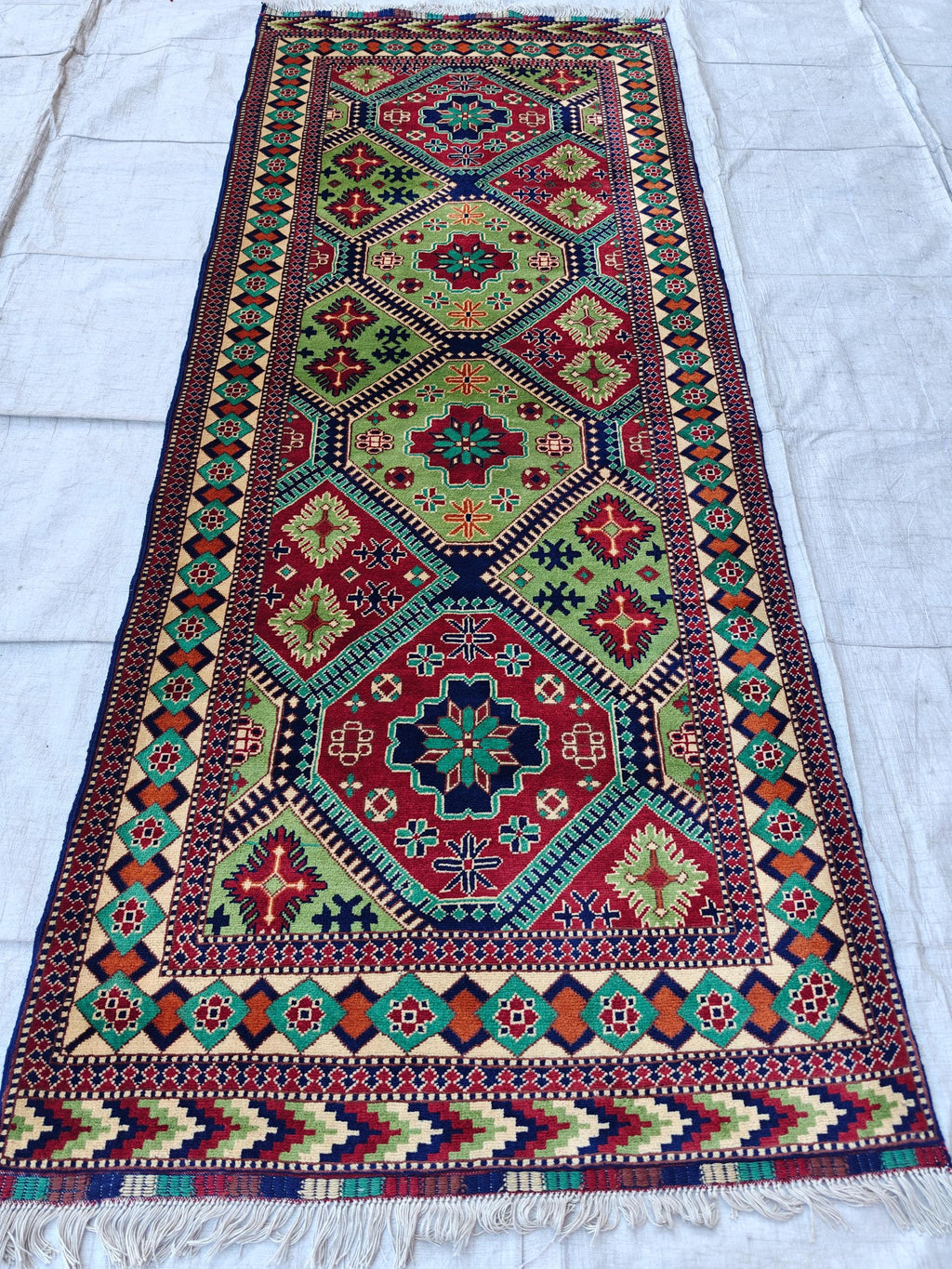 3x8 Afghan Runner Rug Tribal Green Bukhara Handwoven Turkmen Wool Rug, Natural Veg Dyes Rug, Hallway Runner 3.4x8.2, Entryway Rug