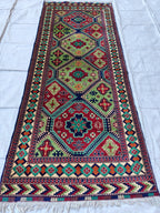 3x8 Afghan Runner Rug Tribal Green Bukhara Handwoven Turkmen Wool Rug, Natural Veg Dyes Rug, Hallway Runner 3.4x8.2, Entryway Rug