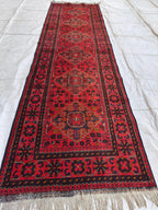 Antique 3x10 Afghan Runner Rug, Handknotted Tribal Bokhara Rug, 100% Soft Wool Vintage Turkmen Geometric Carpet, Red Hallway Runner 2.10x9.8