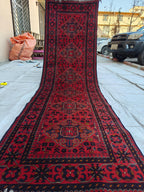 Antique 3x10 Afghan Runner Rug, Handknotted Tribal Bokhara Rug, 100% Soft Wool Vintage Turkmen Geometric Carpet, Red Hallway Runner 2.10x9.8