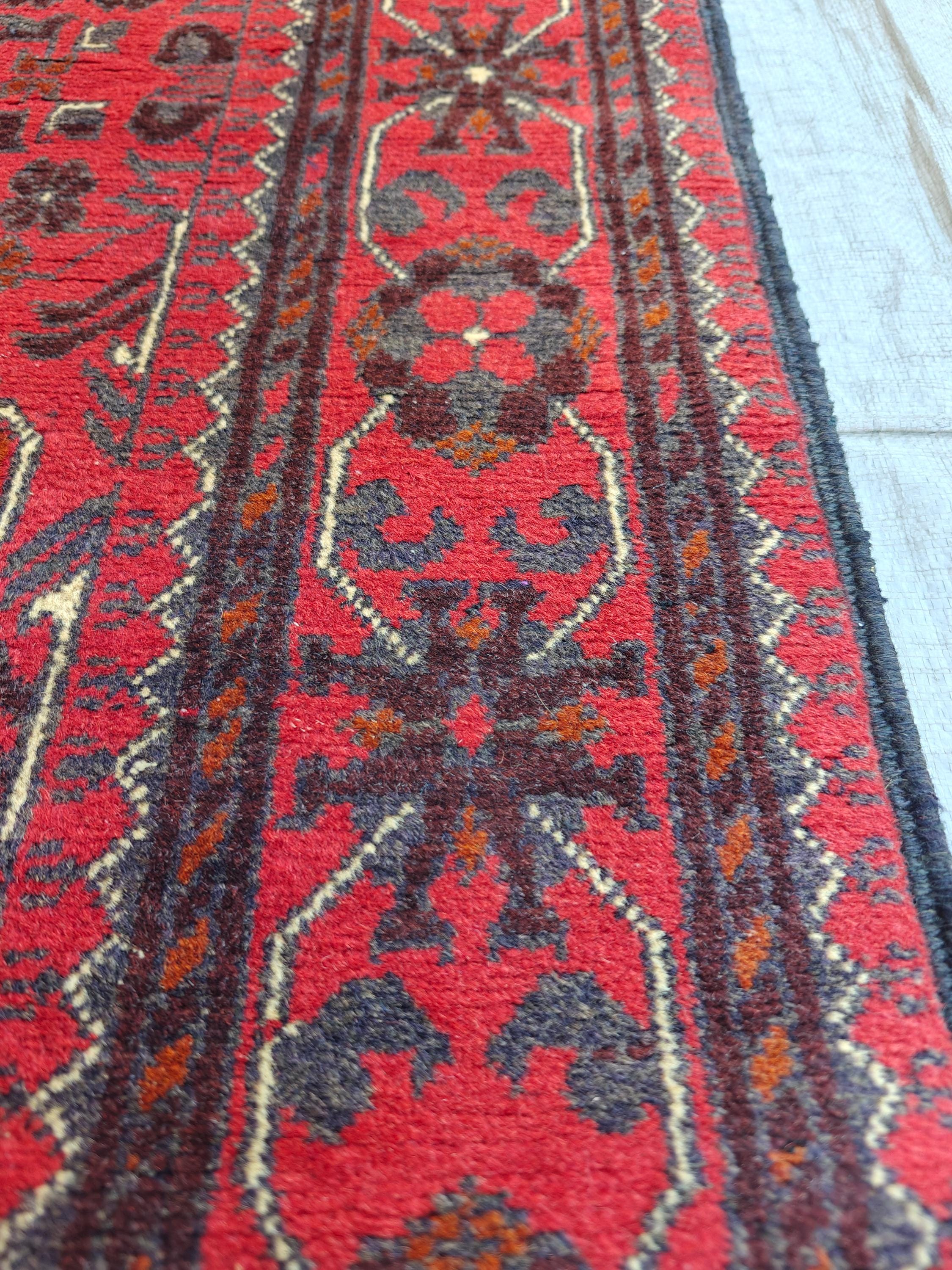 Antique 3x10 Afghan Runner Rug, Handknotted Tribal Bokhara Rug, 100% Soft Wool Vintage Turkmen Geometric Carpet, Red Hallway Runner 2.10x9.8