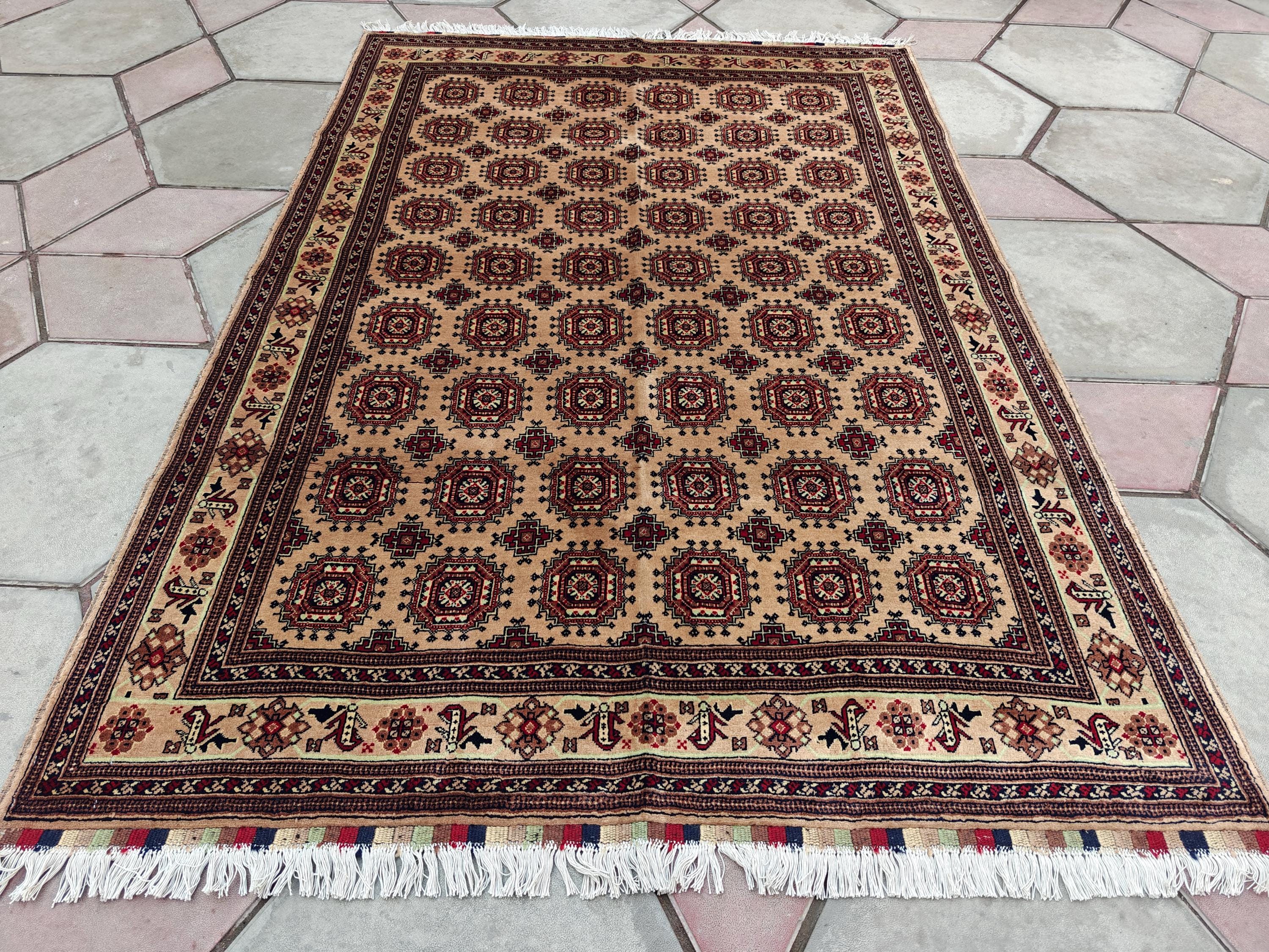 7x5 Authentic Ahal Gul Rug Handwoven Carpet with Rich Colors and Traditional Design, Kitchen Rug, Farmhouse Rug, Bedroom Rug 6.5x4.9 ft