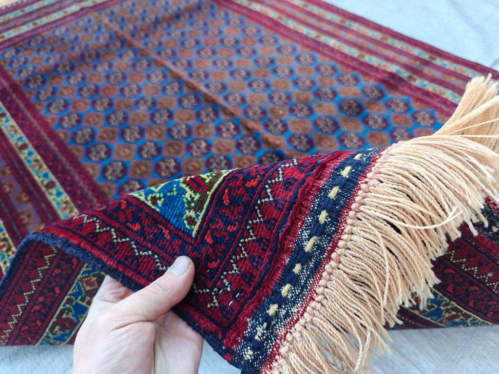 3x5 Vintage Beljik Mawrai Gul Red and Blue Afghan Handmade Rug, Rug for Living Room, Bedroom Rug, Collectible item, Farmhouse Rug 5x3.4