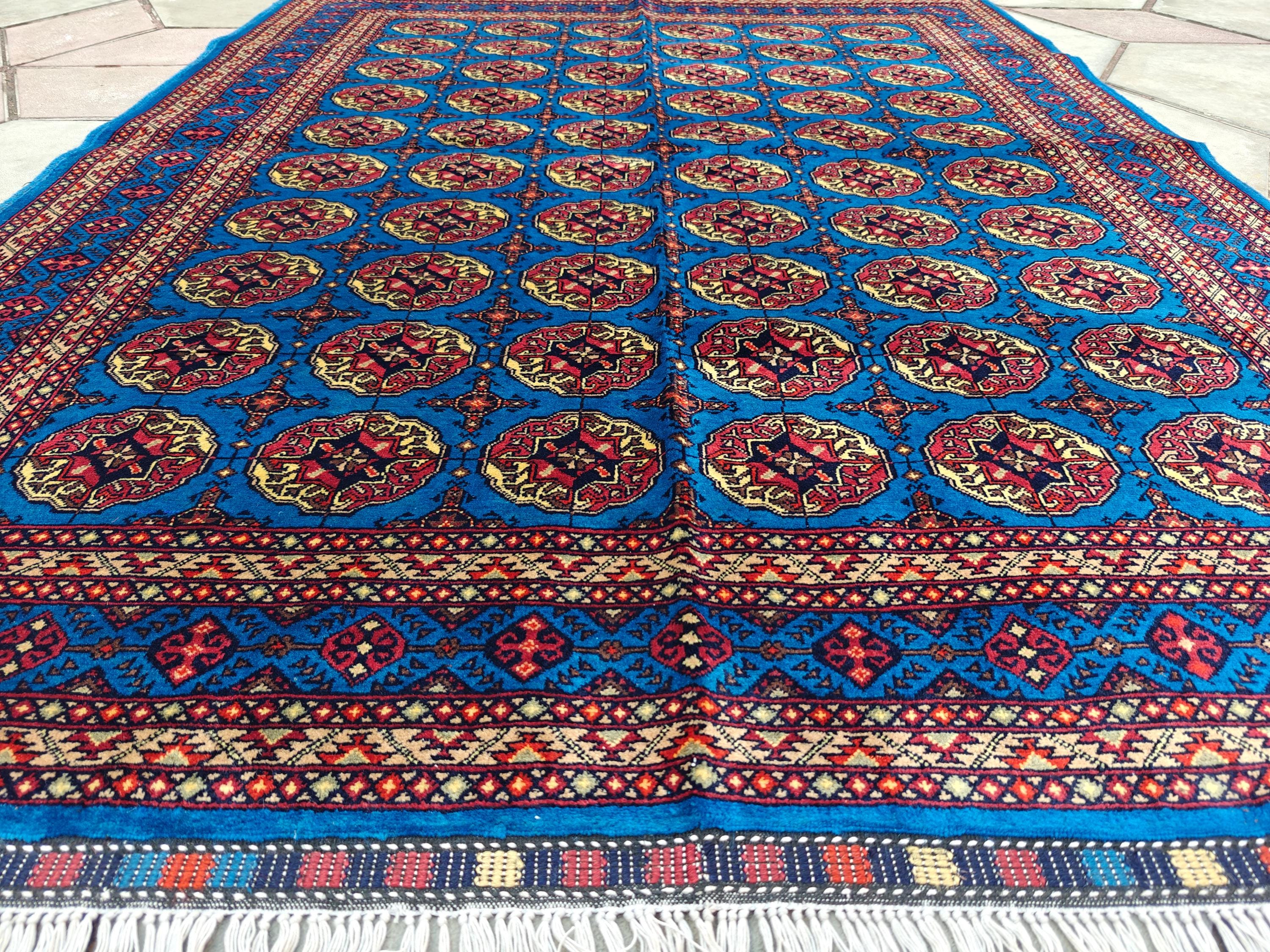 5x7 Authentic Mowrai Gul Rug Navy Blue Handwoven Turkmen Carpet with Traditional Design, Living Room Rug, Bedroom Rug, Boho Home Decor