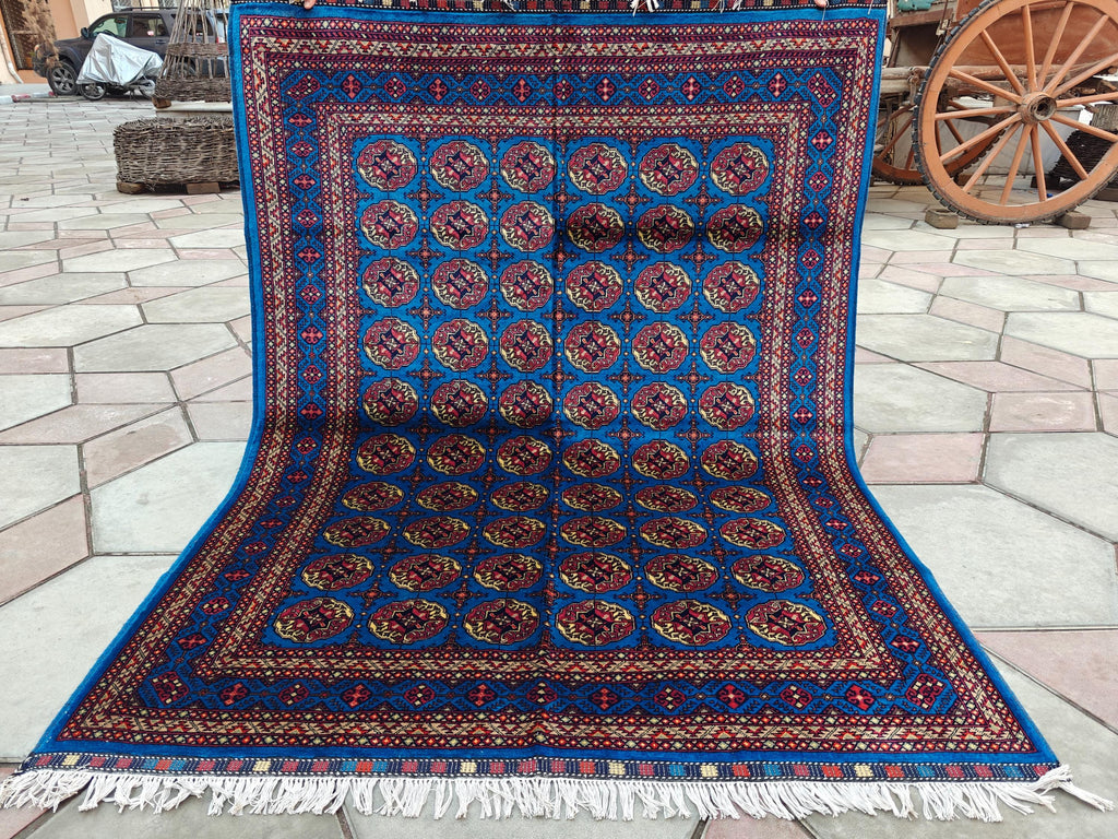5x7 Authentic Mowrai Gul Rug Navy Blue Handwoven Turkmen Carpet with Traditional Design, Living Room Rug, Bedroom Rug, Boho Home Decor