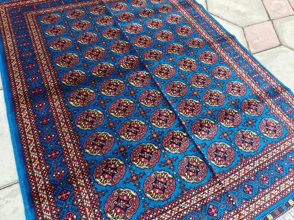 5x7 Authentic Mowrai Gul Rug Navy Blue Handwoven Turkmen Carpet with Traditional Design, Living Room Rug, Bedroom Rug, Boho Home Decor