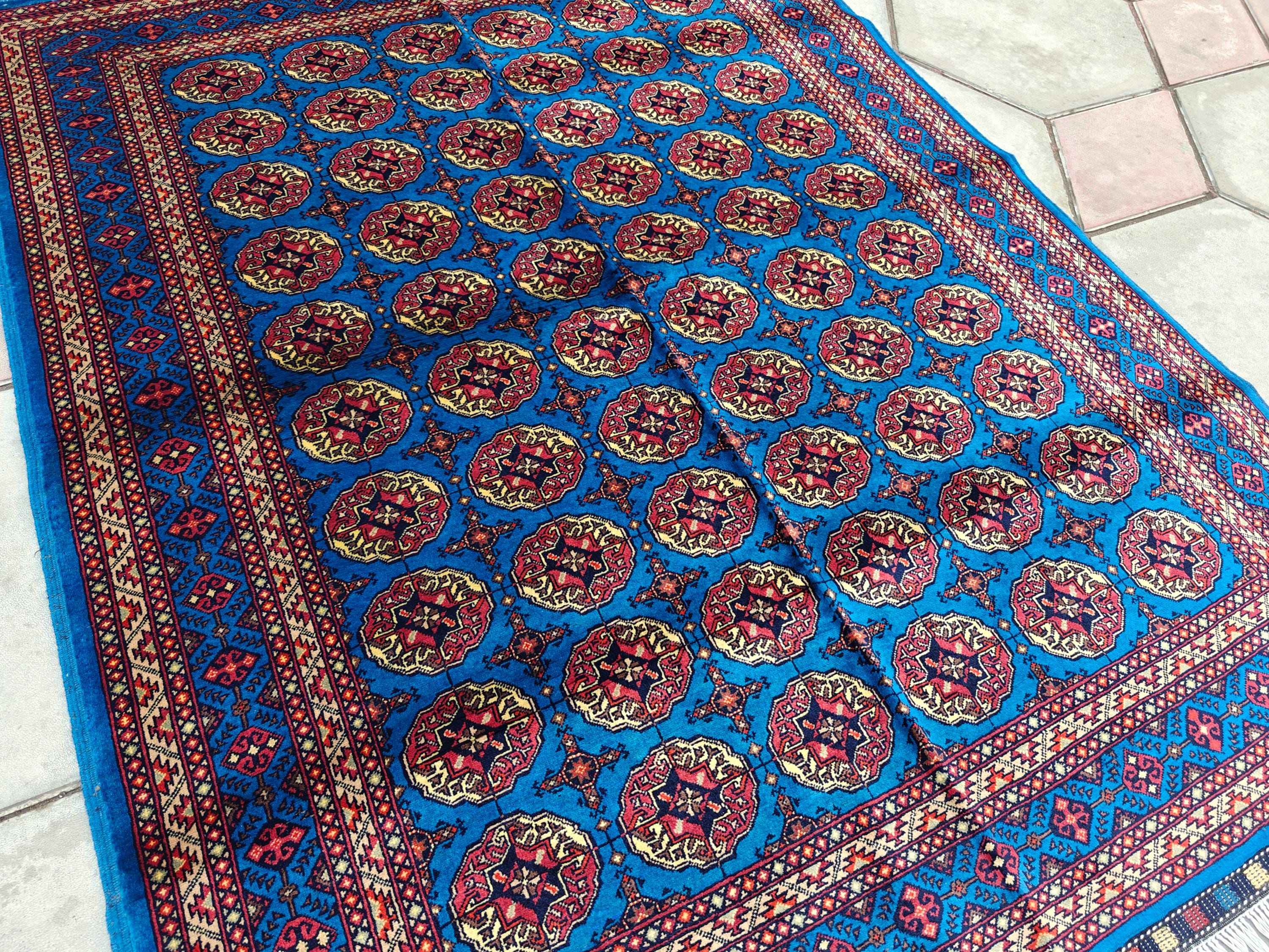 5x7 Authentic Mowrai Gul Rug Navy Blue Handwoven Turkmen Carpet with Traditional Design, Living Room Rug, Bedroom Rug, Boho Home Decor
