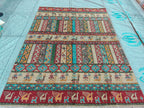 Handmade Afghan Chobi Rug 7.8x5.9 ft Geometric Tribal Pattern with Animal Motifs, Bohemian Decor, Unique Oriental Area Carpet
