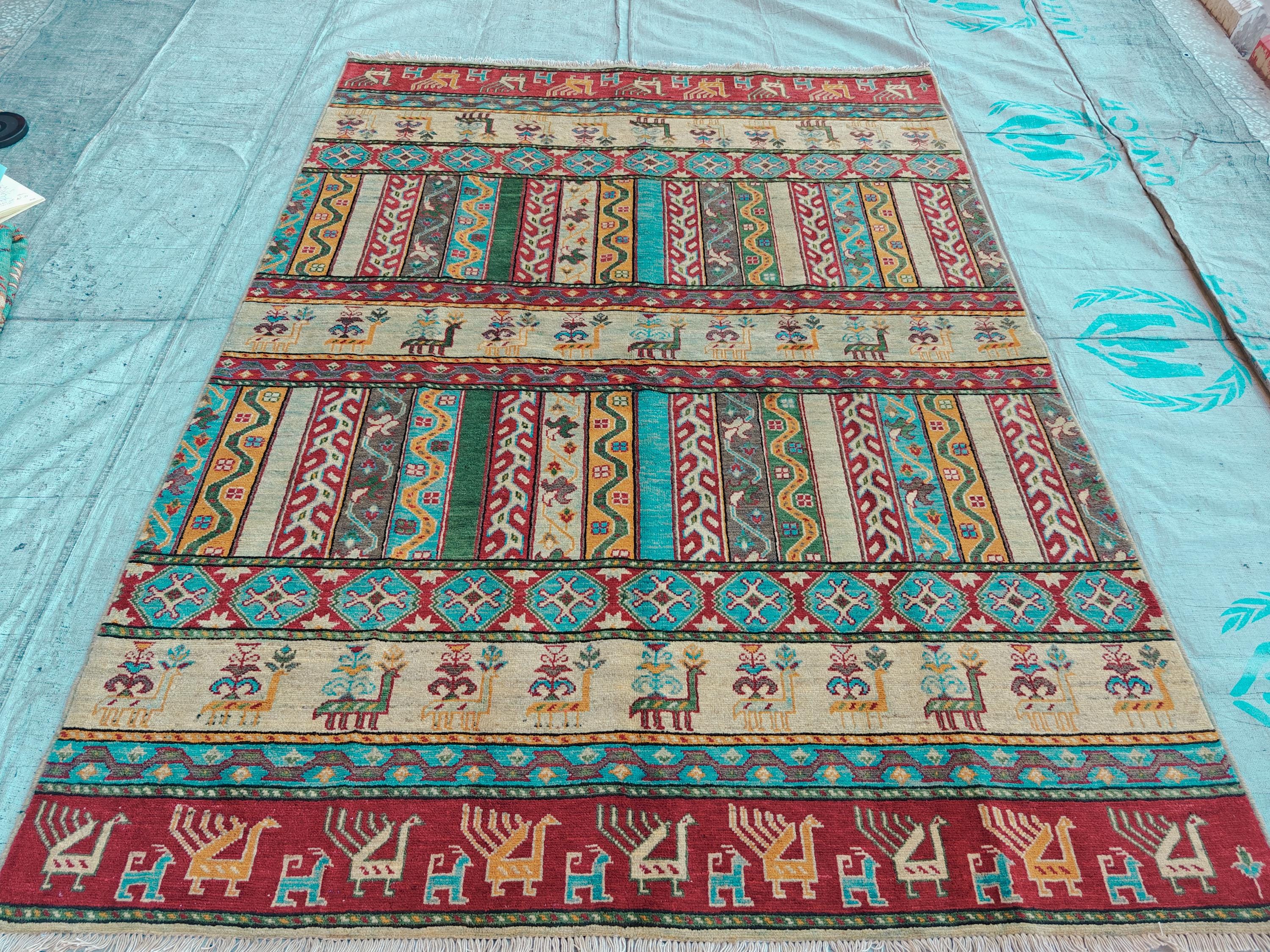 Handmade Afghan Chobi Rug 7.8x5.9 ft Geometric Tribal Pattern with Animal Motifs, Bohemian Decor, Unique Oriental Area Carpet
