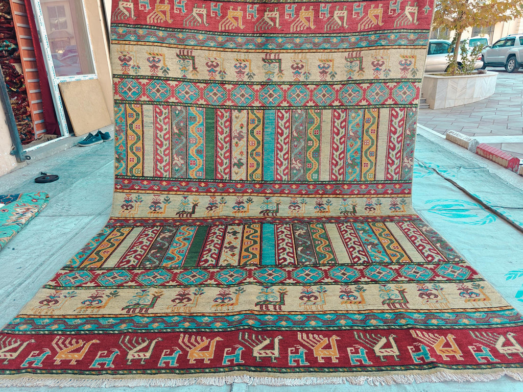 Handmade Afghan Chobi Rug 7.8x5.9 ft Geometric Tribal Pattern with Animal Motifs, Bohemian Decor, Unique Oriental Area Carpet