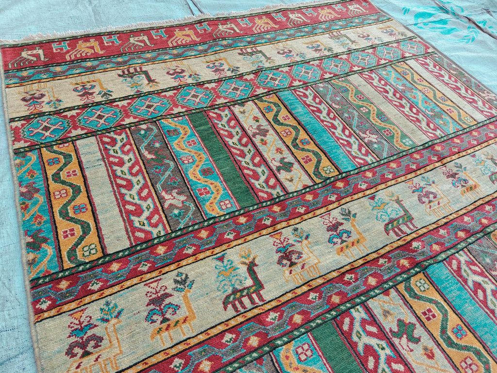 Handmade Afghan Chobi Rug 7.8x5.9 ft Geometric Tribal Pattern with Animal Motifs, Bohemian Decor, Unique Oriental Area Carpet
