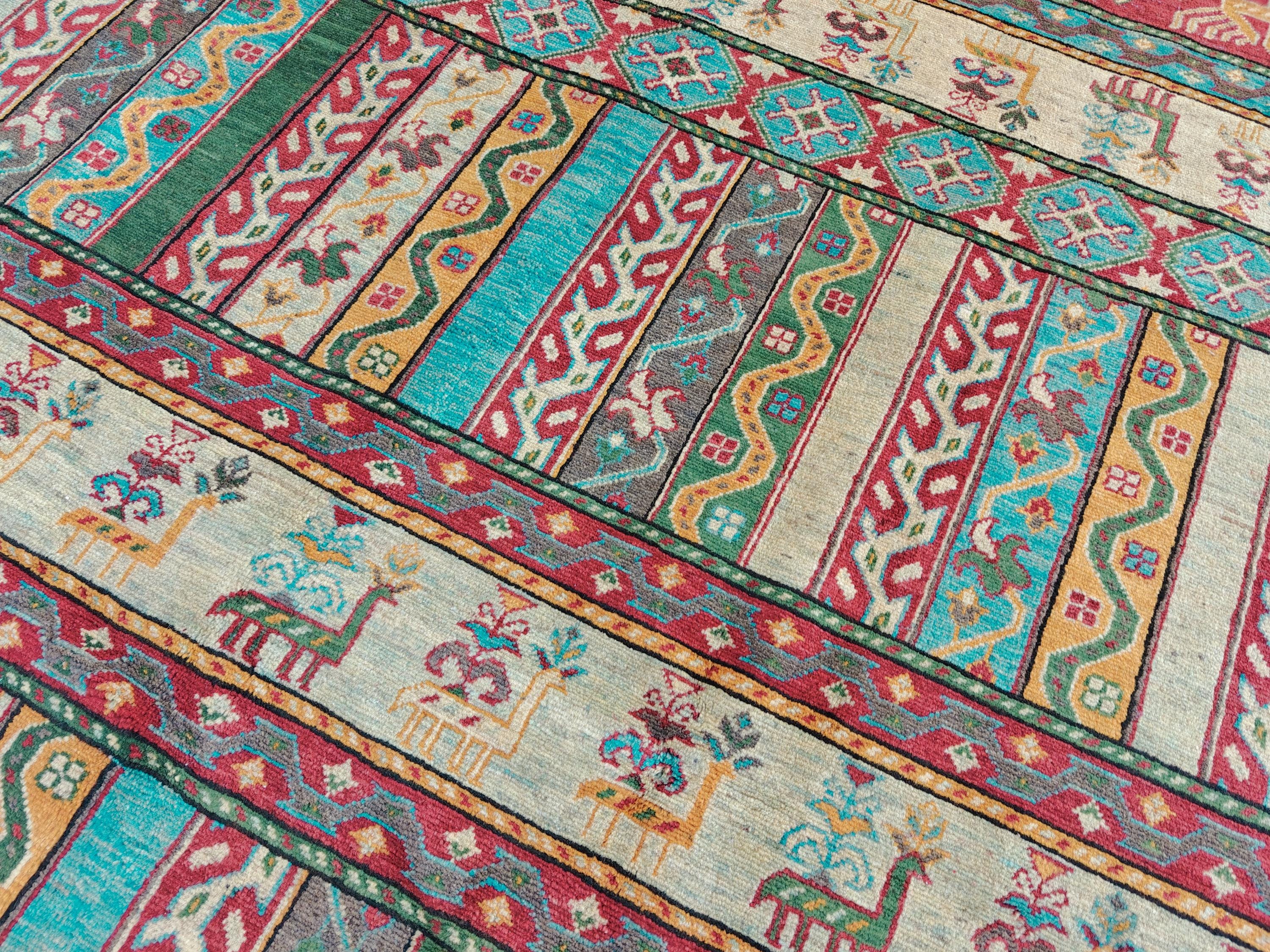 Handmade Afghan Chobi Rug 7.8x5.9 ft Geometric Tribal Pattern with Animal Motifs, Bohemian Decor, Unique Oriental Area Carpet