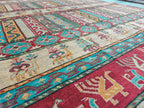 Handmade Afghan Chobi Rug 7.8x5.9 ft Geometric Tribal Pattern with Animal Motifs, Bohemian Decor, Unique Oriental Area Carpet