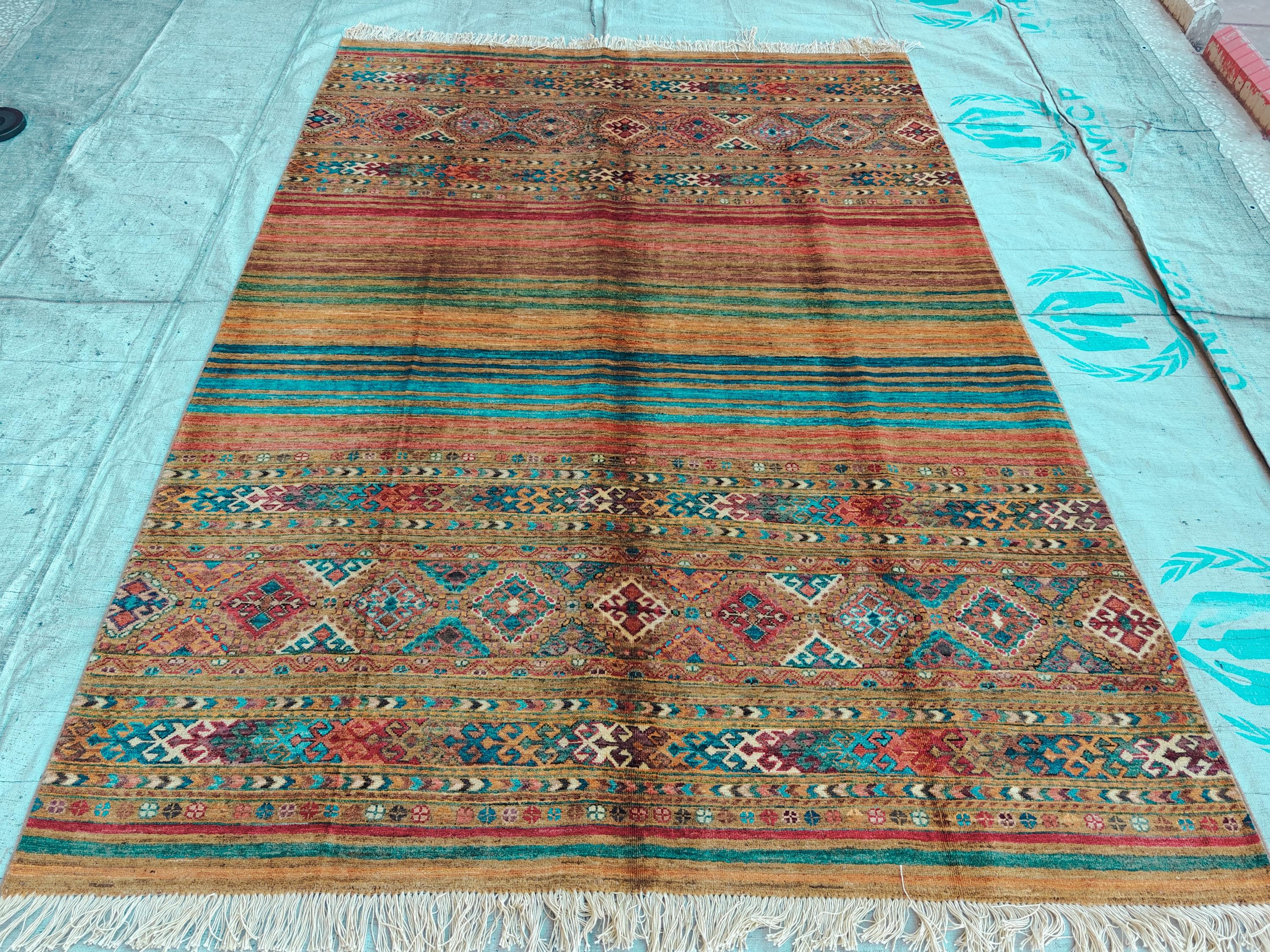 6x8 Handwoven Tribal – Multicolor Striped & Geometric Design – Afghan Caucasian Style Wool Rug – Bohemian Area Carpet – Rustic Home Decor