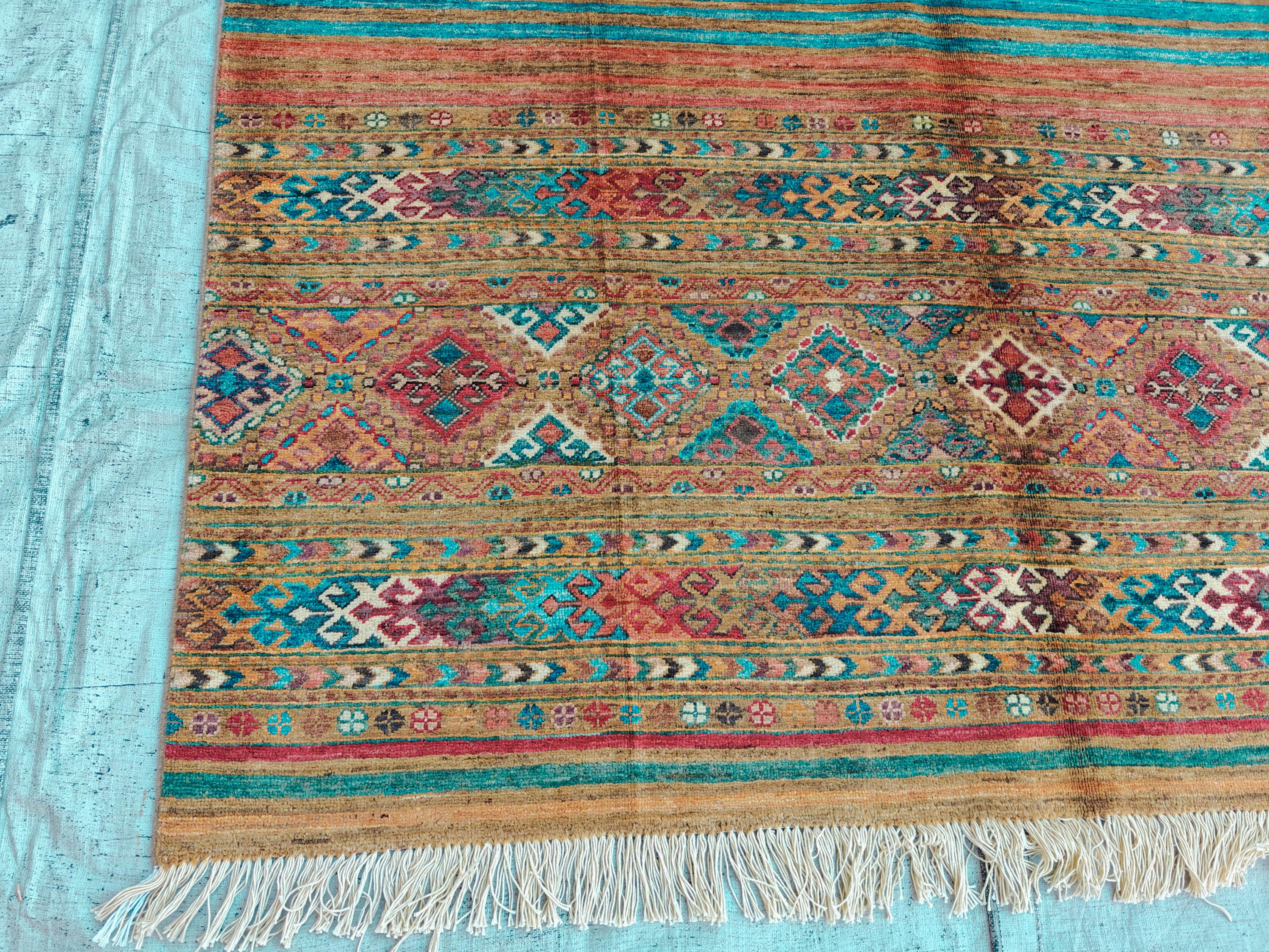6x8 Handwoven Tribal – Multicolor Striped & Geometric Design – Afghan Caucasian Style Wool Rug – Bohemian Area Carpet – Rustic Home Decor