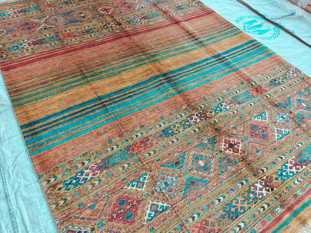 6x8 Handwoven Tribal – Multicolor Striped & Geometric Design – Afghan Caucasian Style Wool Rug – Bohemian Area Carpet – Rustic Home Decor