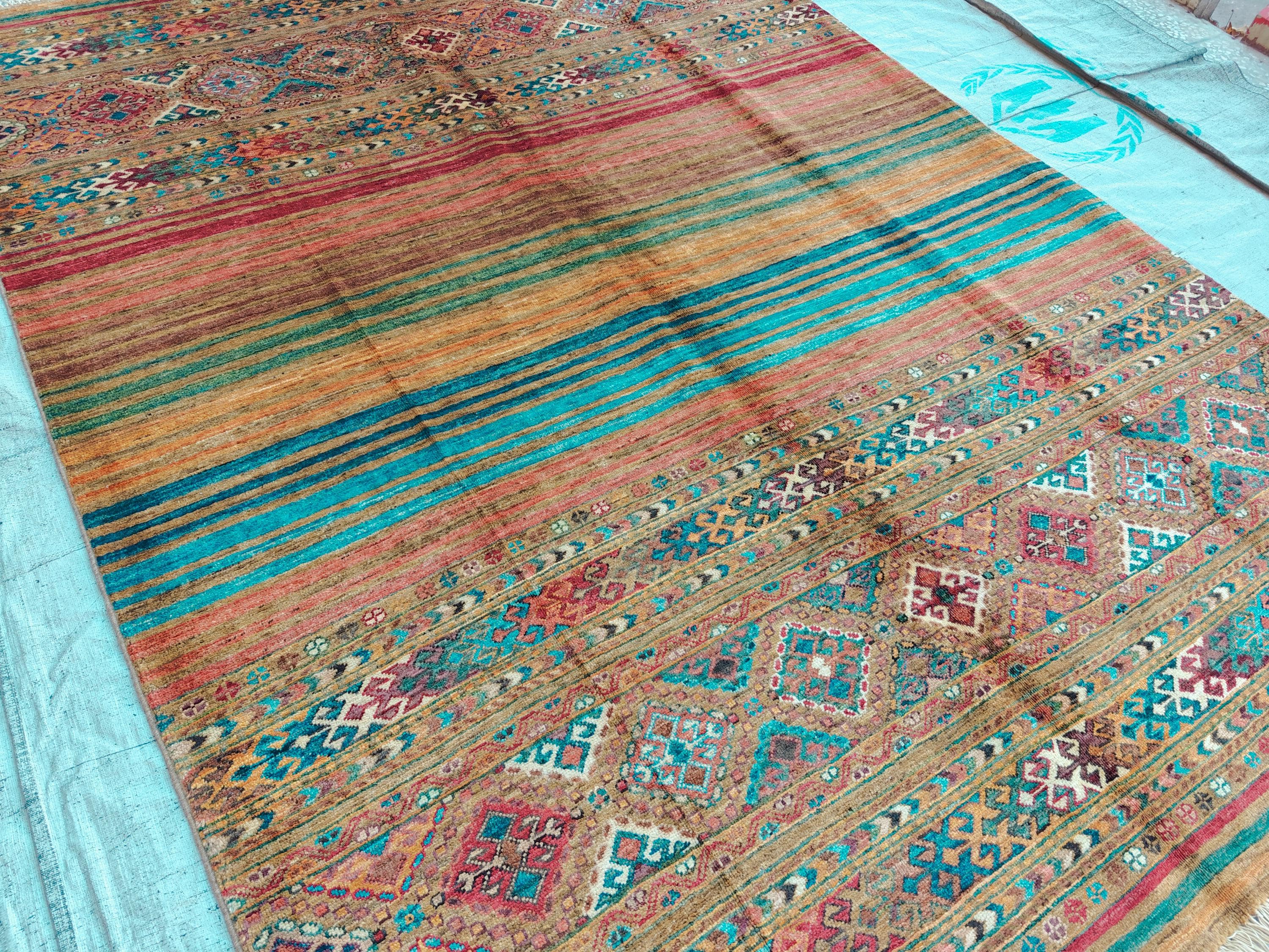 6x8 Handwoven Tribal – Multicolor Striped & Geometric Design – Afghan Caucasian Style Wool Rug – Bohemian Area Carpet – Rustic Home Decor